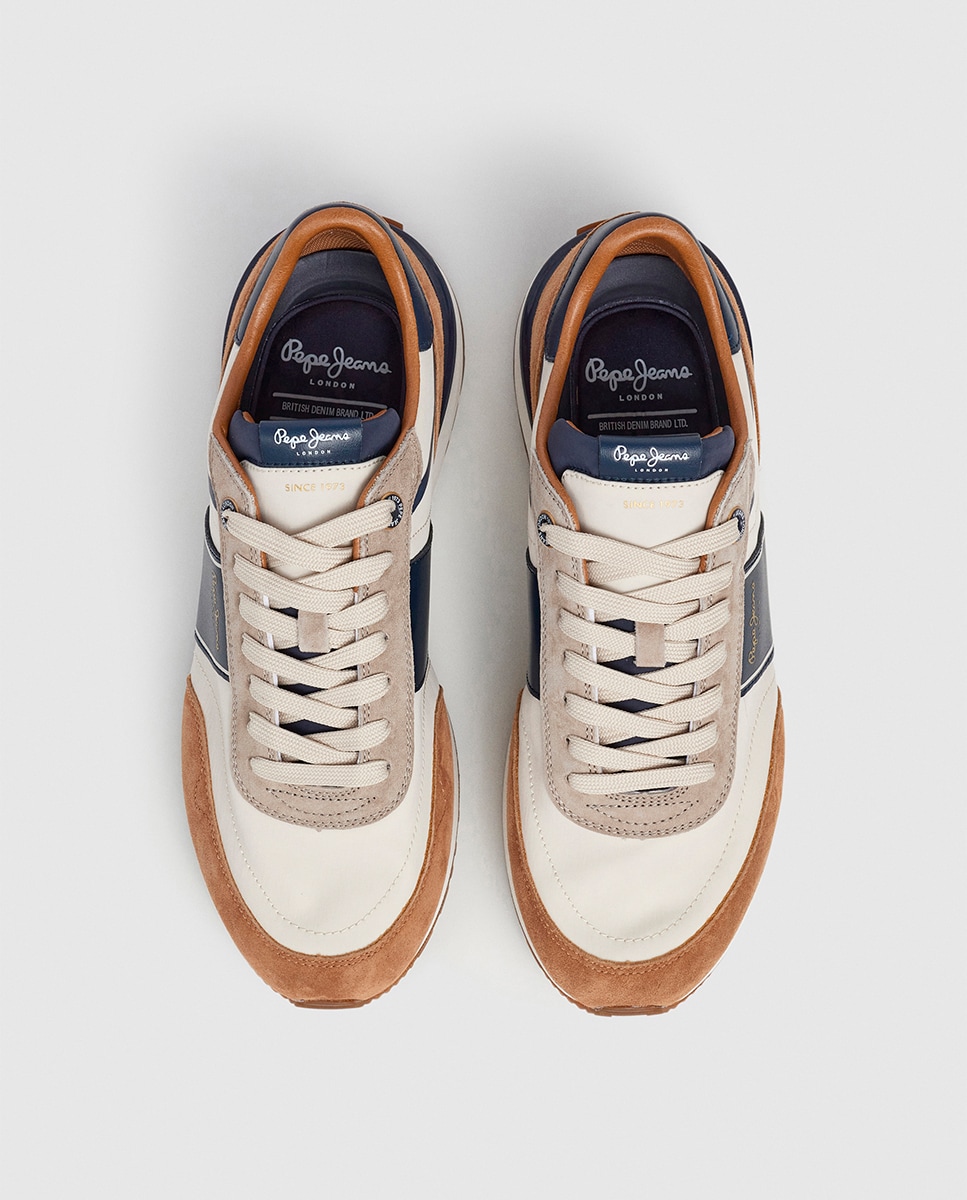 Sapatilhas Buster Serie em Combinação de Cores e Faixa Lateral - Azul-Marinho/Bege Castanho-8