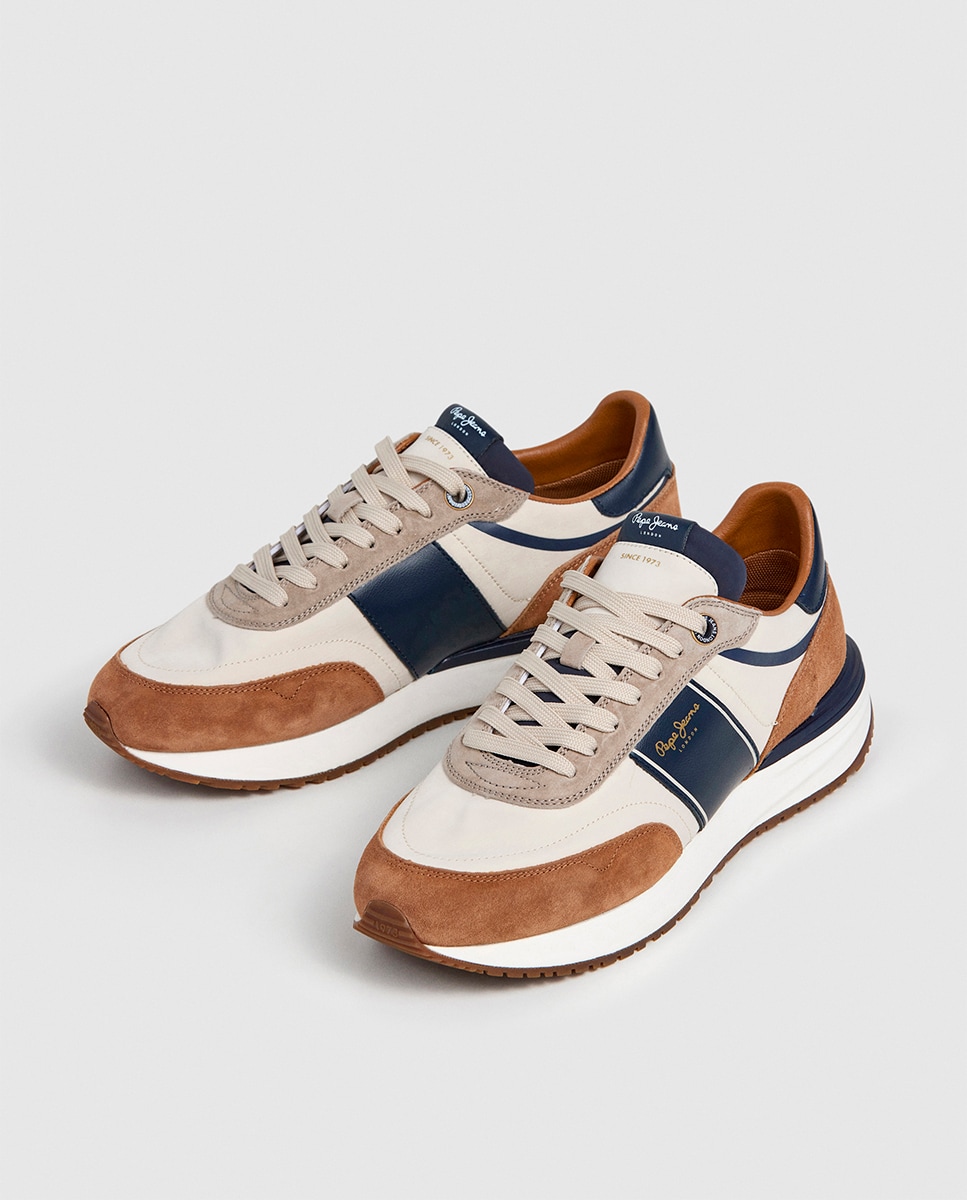 Sapatilhas Buster Serie em Combinação de Cores e Faixa Lateral - Azul-Marinho/Bege Castanho-9