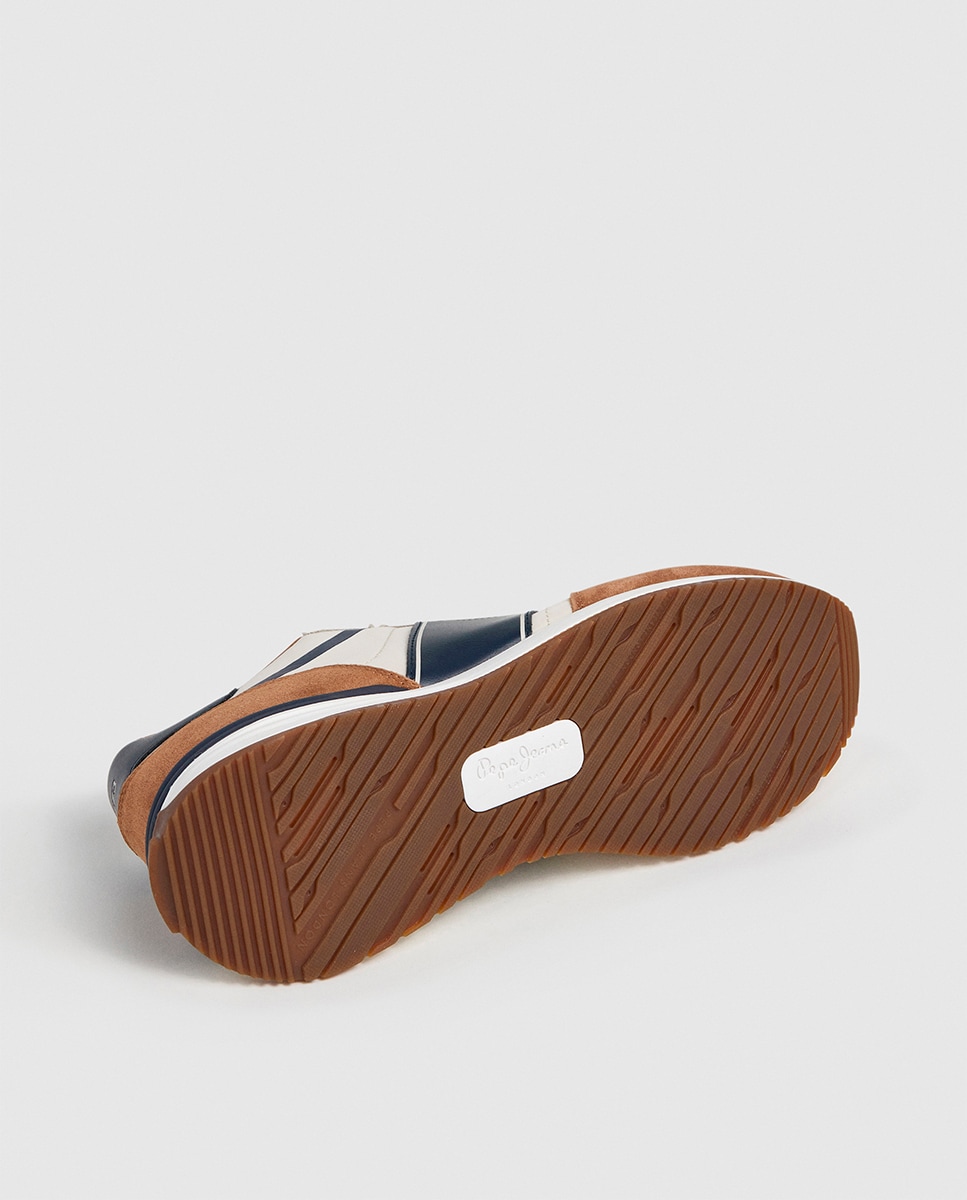 Sapatilhas Buster Serie em Combinação de Cores e Faixa Lateral - Azul-Marinho/Bege Castanho-12