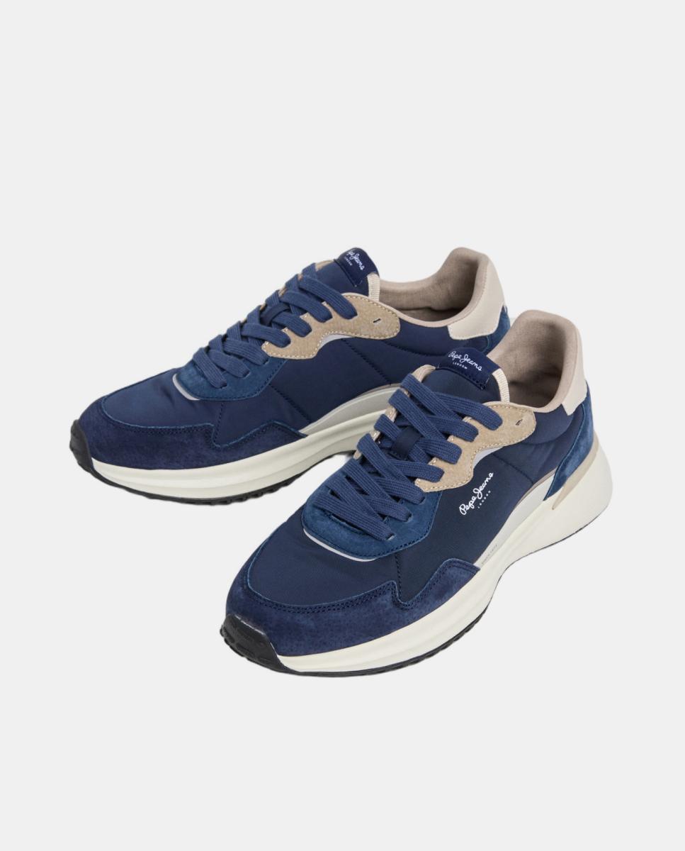 Sapatilhas Desportivas de Moda com Parte Superior de Pele em Combinações de Materiais e Cores Azul-marinho-4