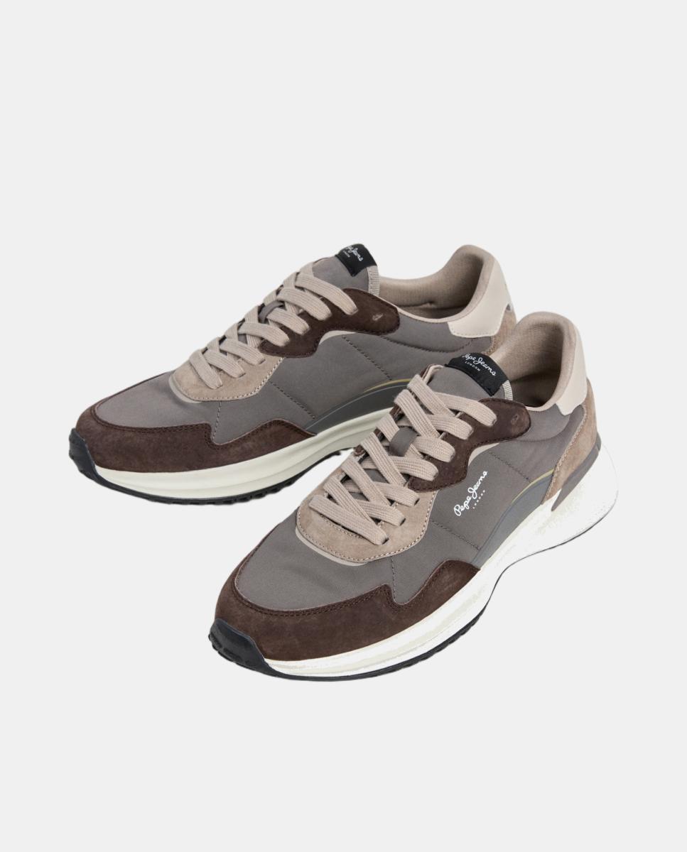 Sapatilhas Desportivas de Moda com Parte Superior de Pele em Combinações de Materiais e Cores Castanho-claro-3