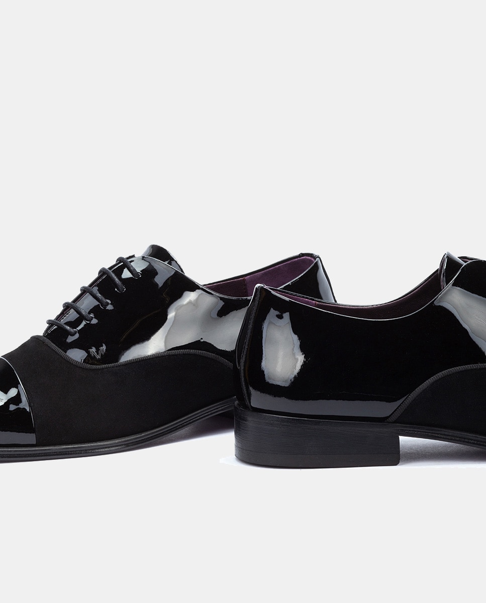 Sapatos de Atacadores Charlestown com Biqueira Direita e em Verniz e Camurça Preto-5