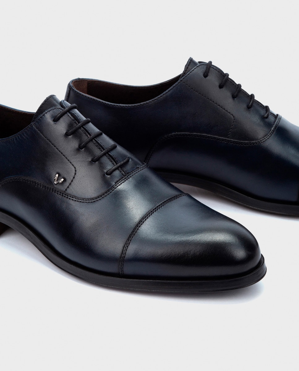 Sapatos de Atacadores Empire com Biqueira Direita e em Pele Azul-escuro-3