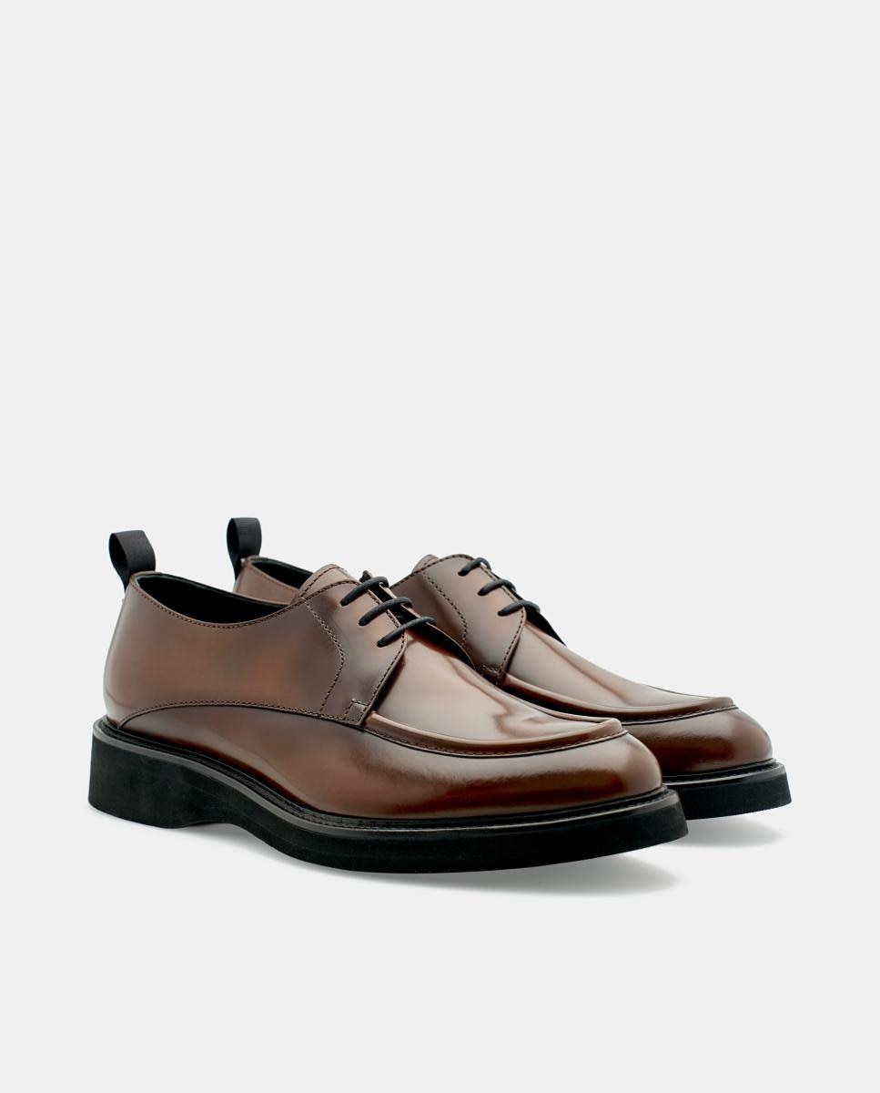 Sapatos Blucher Tipo Mocassins em Pele Castanho-2
