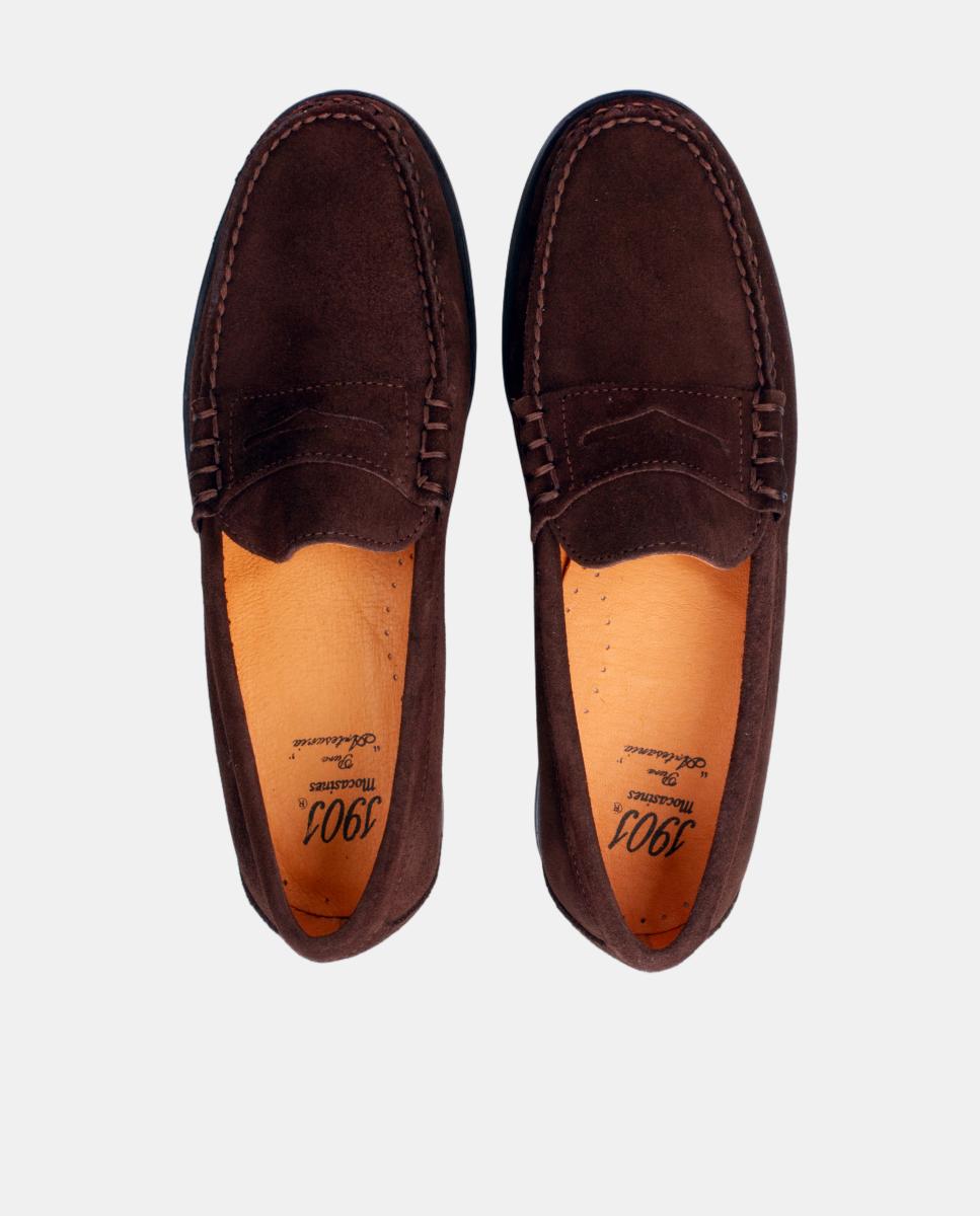 Mocassins com Travessão de Camurça e Sola de Borracha - Castanho Castanho-escuro-5