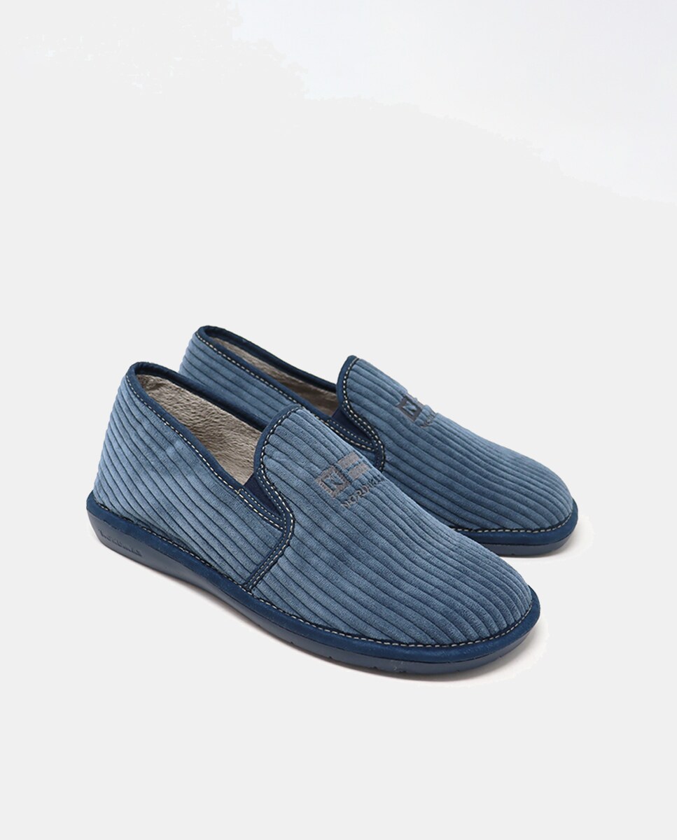 Pantufas com Sola de Borracha e em Têxtil Azul-2