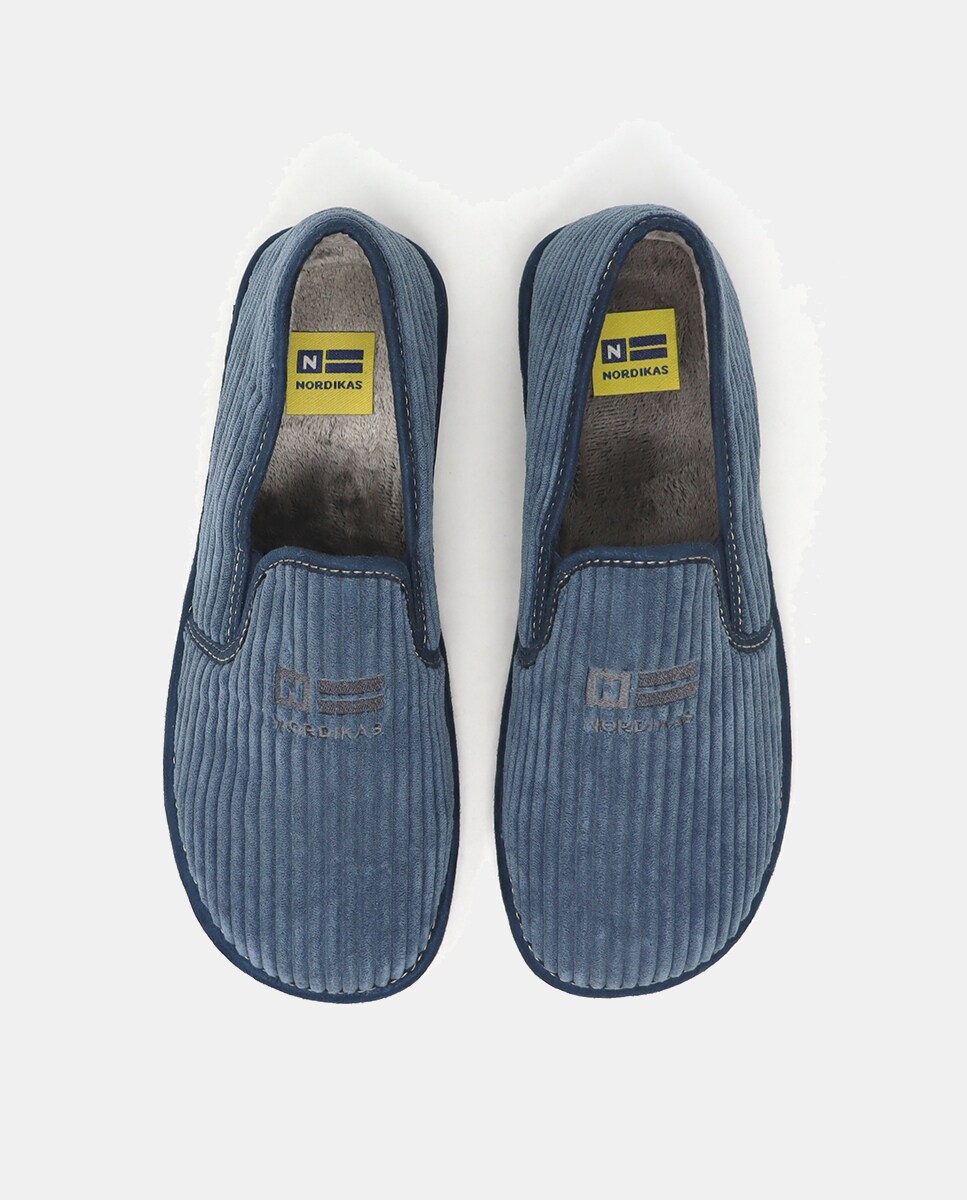 Pantufas com Sola de Borracha e em Têxtil Azul-9