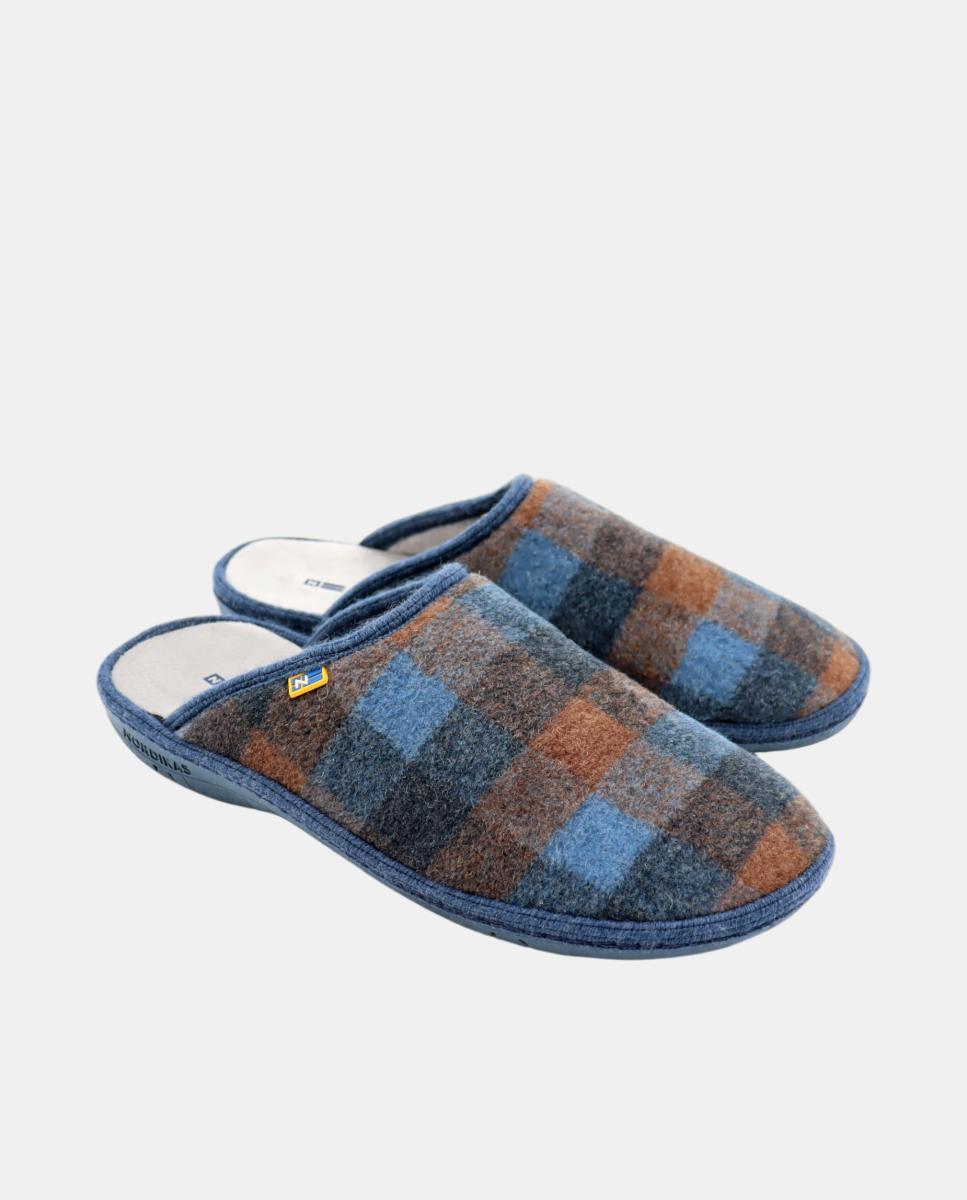 Zapatilla de casa de hombre abierta en tejido cuadros montana - Nordikas - Azul oscuro Azul oscuro-2