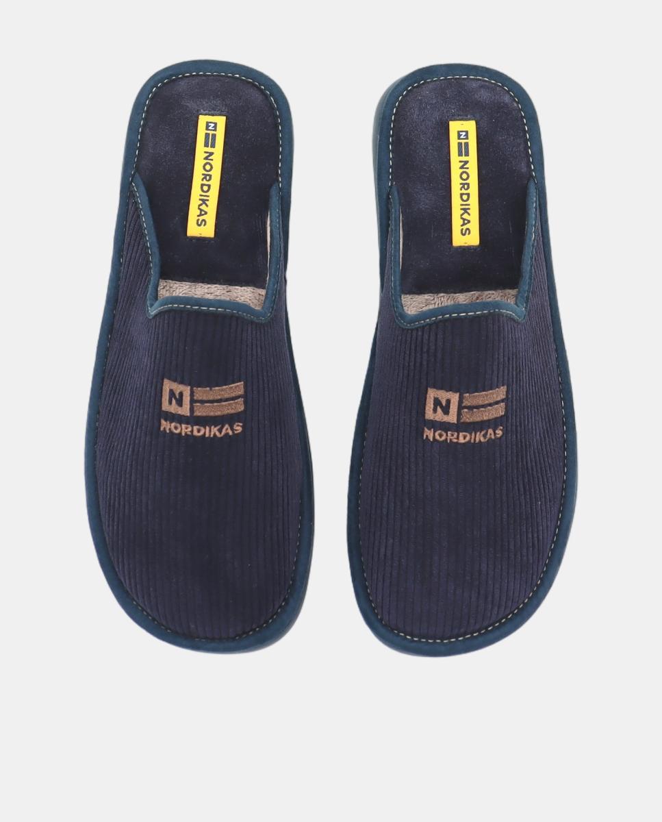 Zapatilla de casa de hombre abierta en tejido pana azul - Nordikas - Azul oscuro Azul oscuro-4