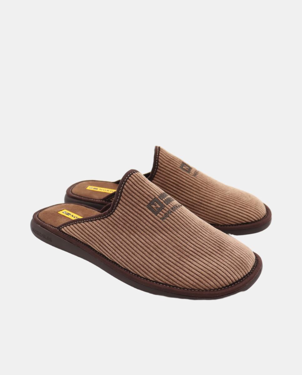 Zapatilla de casa de hombre abierta en tejido pana - Nordikas - Marrón topo Marrón topo-2