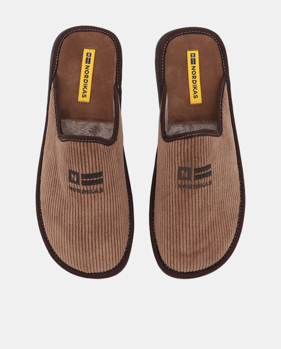 Zapatilla de casa de hombre abierta en tejido pana - Nordikas - Marrón topo Marrón topo-4