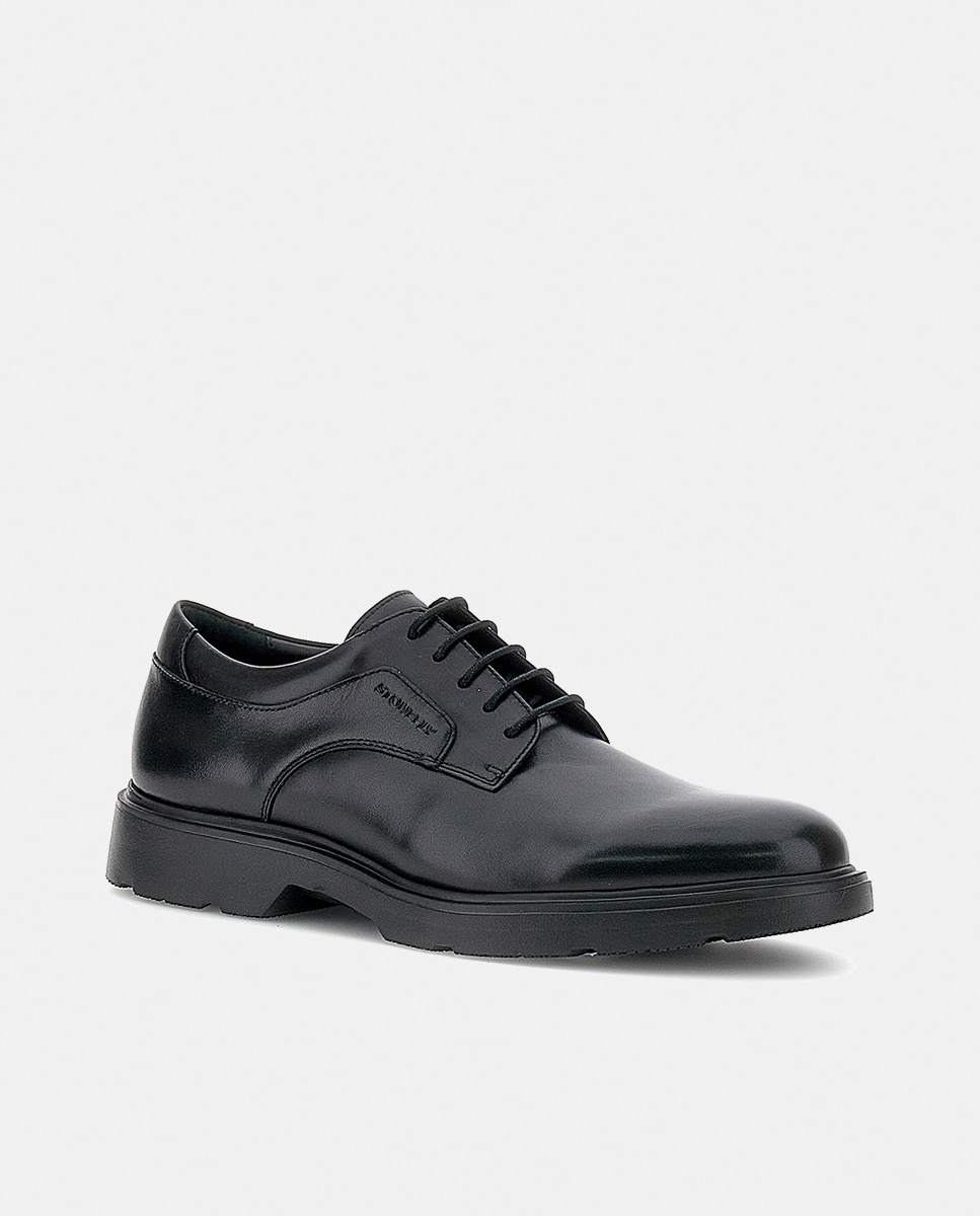 Sapatos de Atacadores com Pala Lisa, Sola de Borracha e em Pele Preto-2