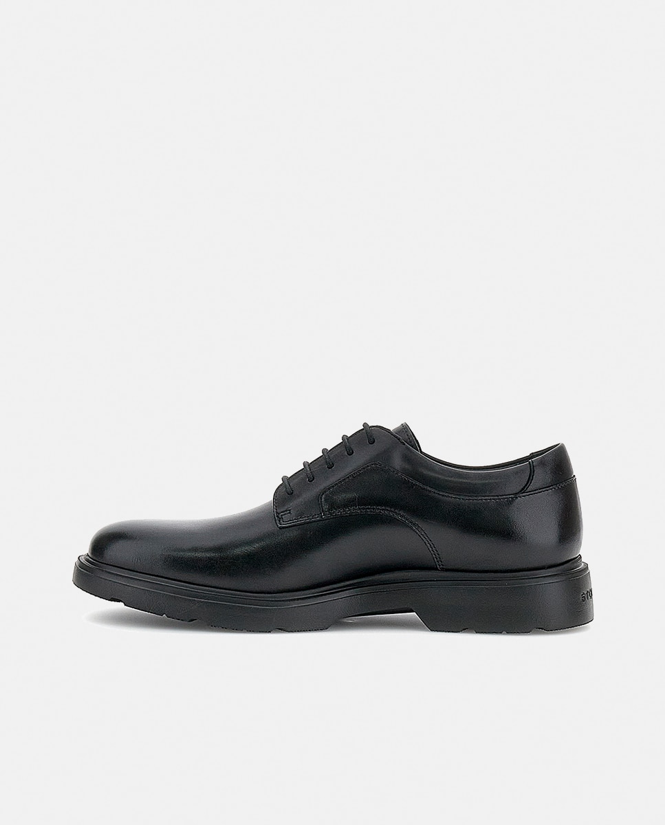 Sapatos de Atacadores com Pala Lisa, Sola de Borracha e em Pele Preto-3