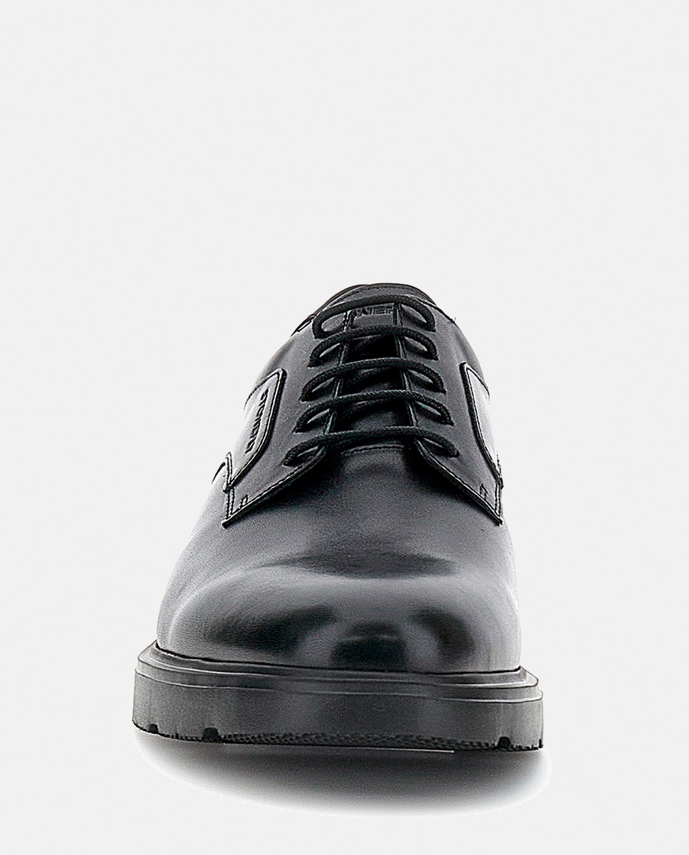 Sapatos de Atacadores com Pala Lisa, Sola de Borracha e em Pele Preto-4