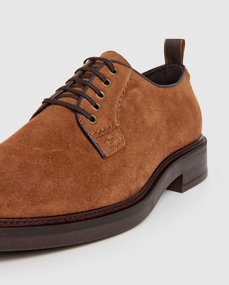 Sapatos de Camurça com Atacadores e Logótipo Cosido à Mão Castanho-escuro-5