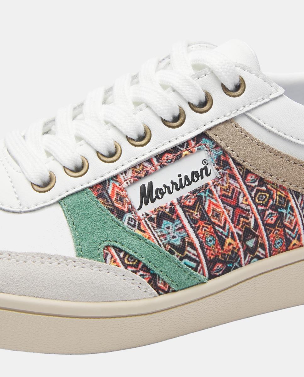 Zapatillas Nineties de hombre en cuero y detalles de serraje con estampado étnico - Morrison - Blanco Blanco-3