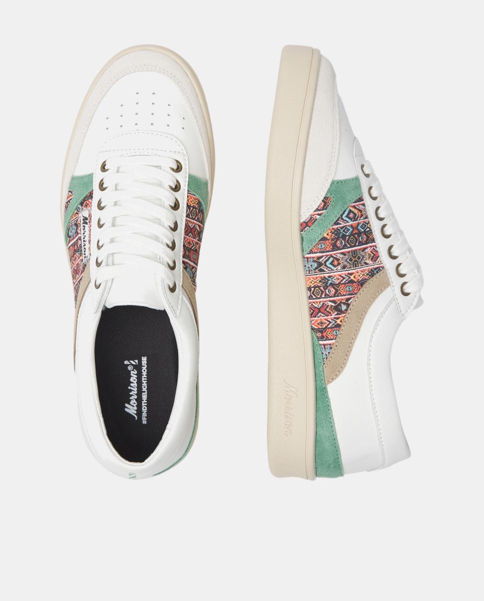 Zapatillas Nineties de hombre en cuero y detalles de serraje con estampado étnico - Morrison - Blanco Blanco-4