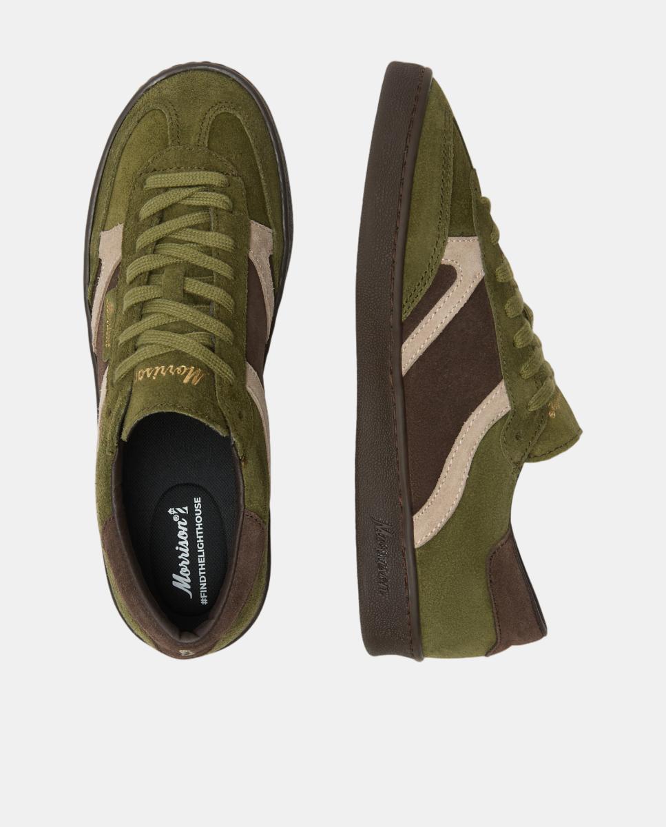 Zapatilla de serraje verde kaki con tiras en cuero beige. - Morrison - Verde oscuro Verde oscuro-4