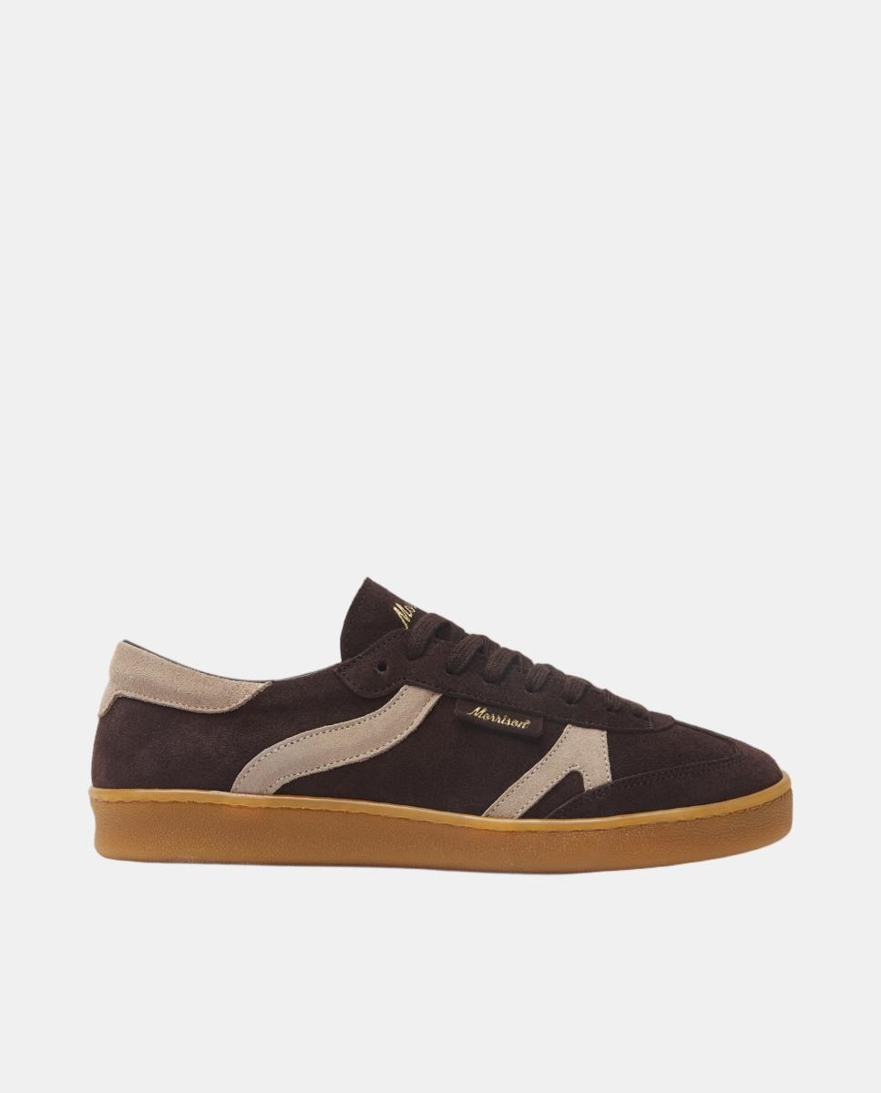 Imagen 0 de Zapatilla de serraje marrón oscuro con tiras en cuero beige. Marrón oscuro