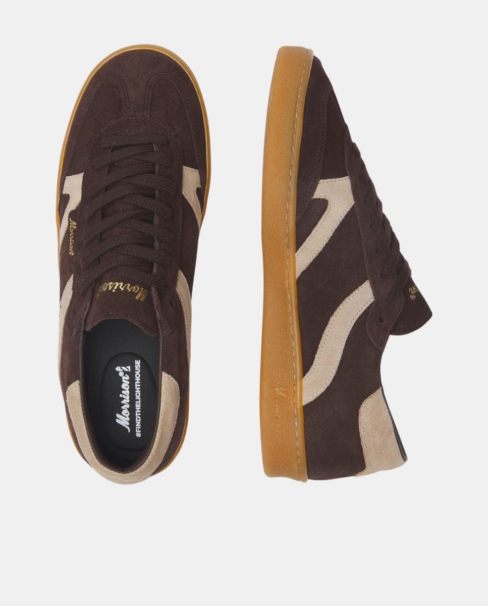 Zapatilla de serraje con tiras en cuero beige. - Morrison - Marrón oscuro Marrón oscuro-3