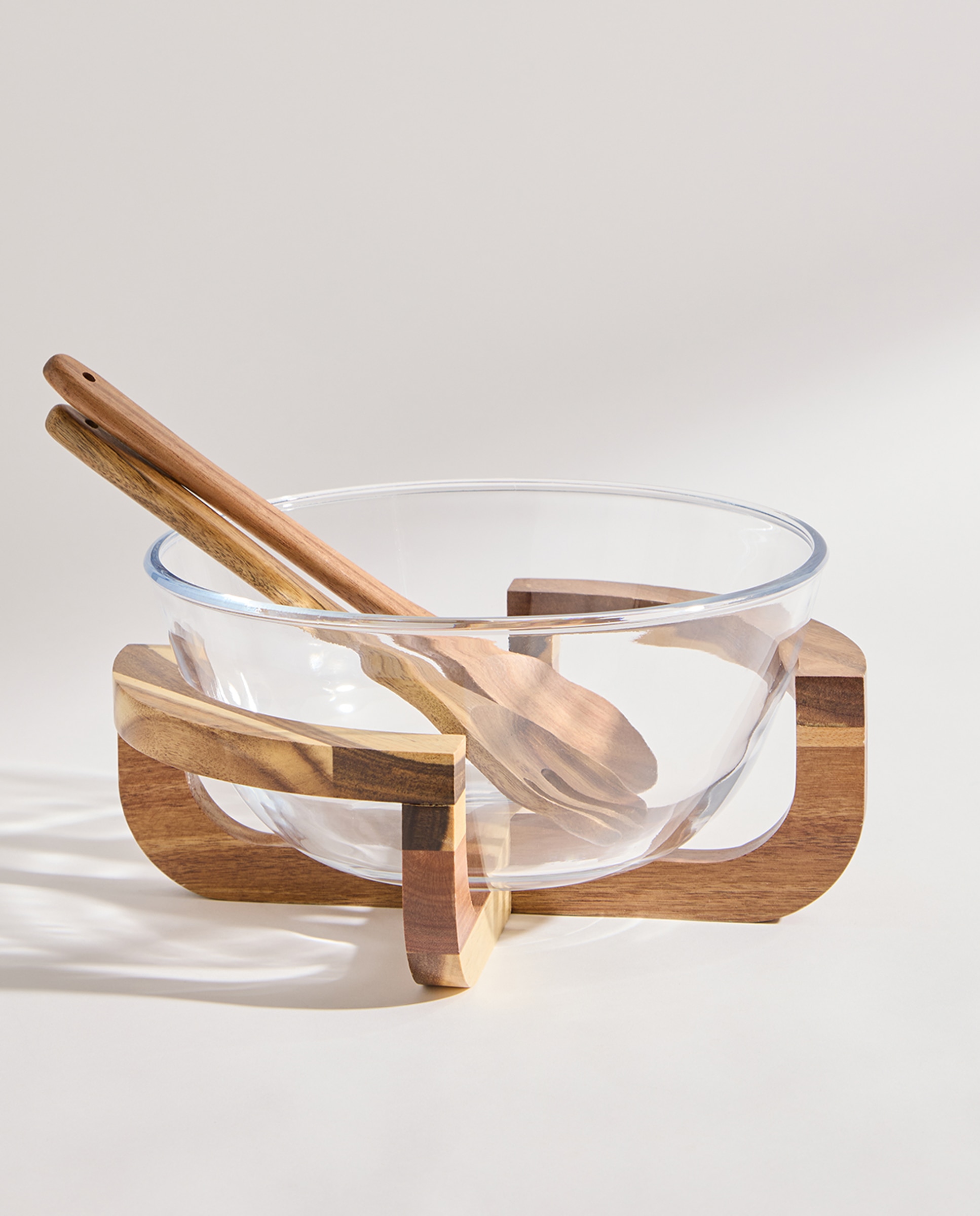 Ensaladera con soporte de bambú y set de utensilios Bianca Transparente-2