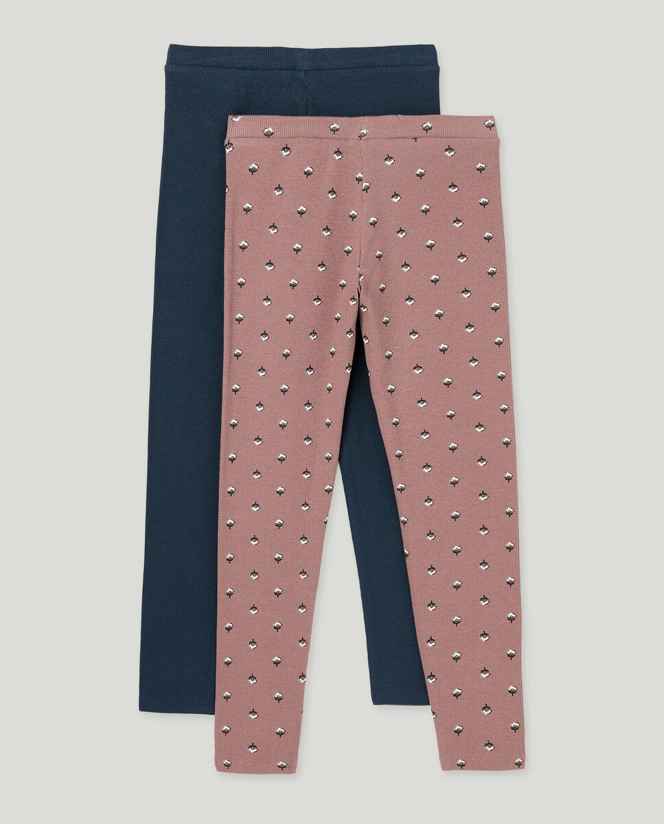 Pack 2 leggings niña canalé estampado y liso Azul oscuro-2