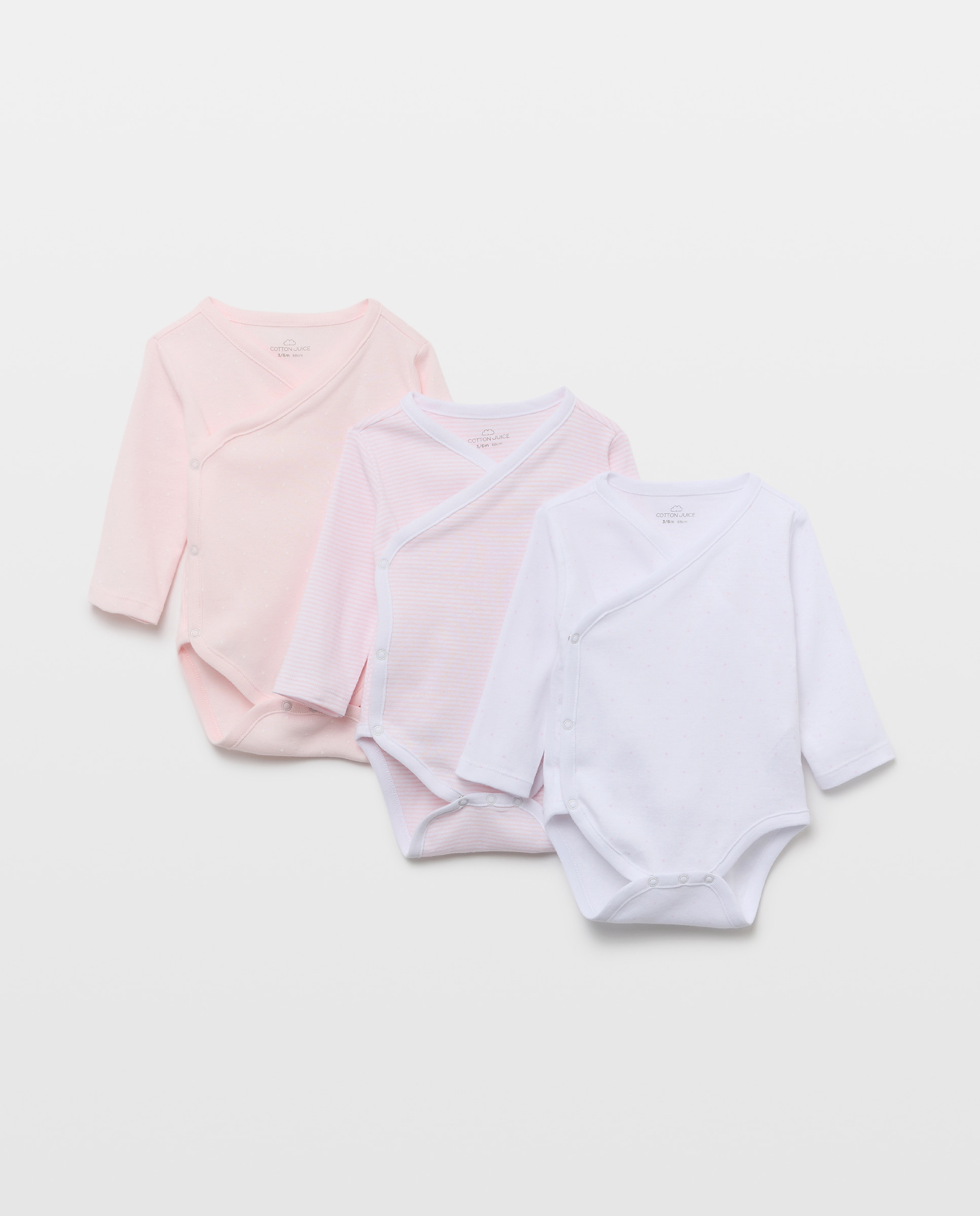 Pack de 3 bodies cruzados manga larga estampados de bebé - Cotton Juice - Rosa Rosa-1