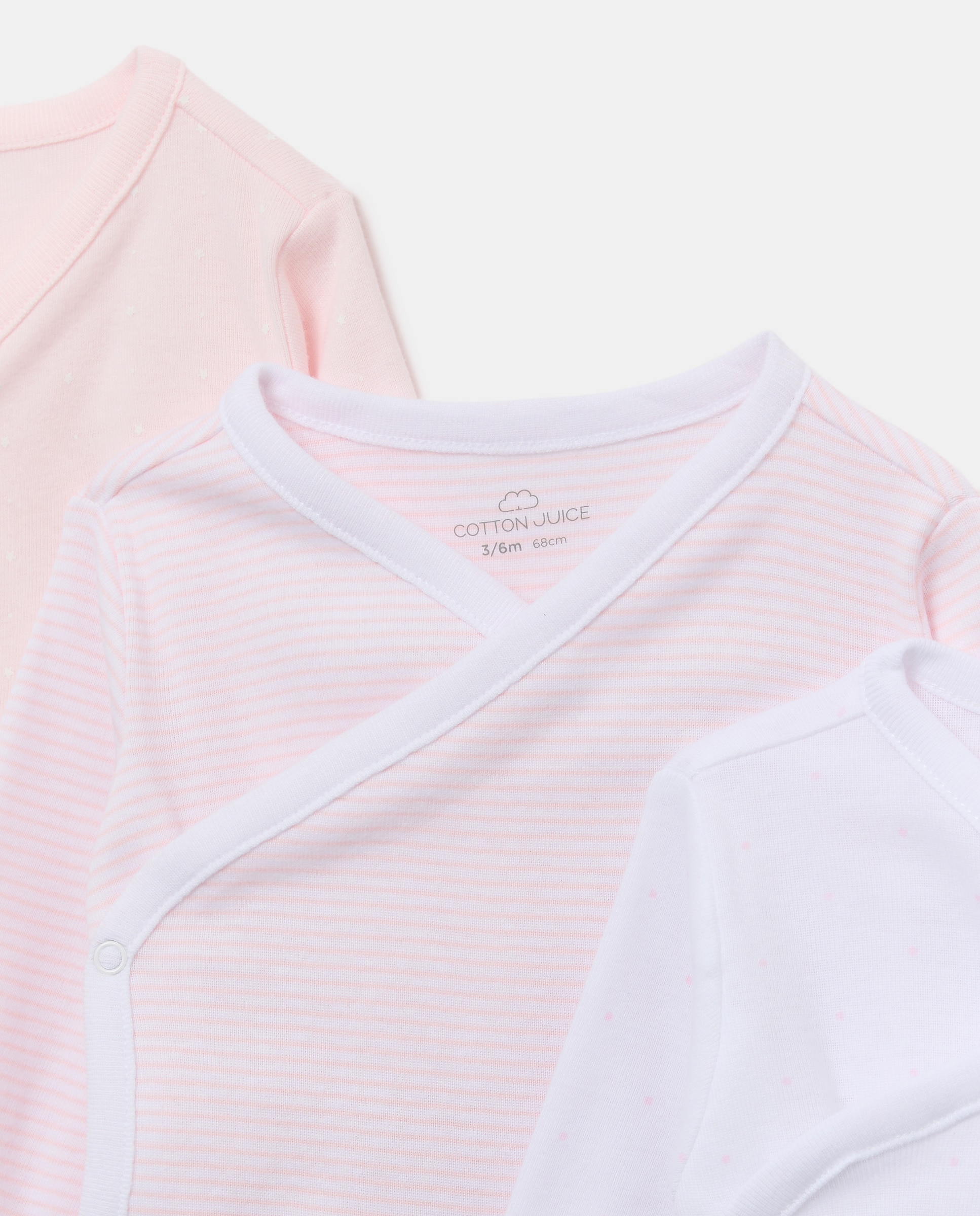 Pack de 3 bodies cruzados manga larga estampados de bebé - Cotton Juice - Rosa Rosa-3
