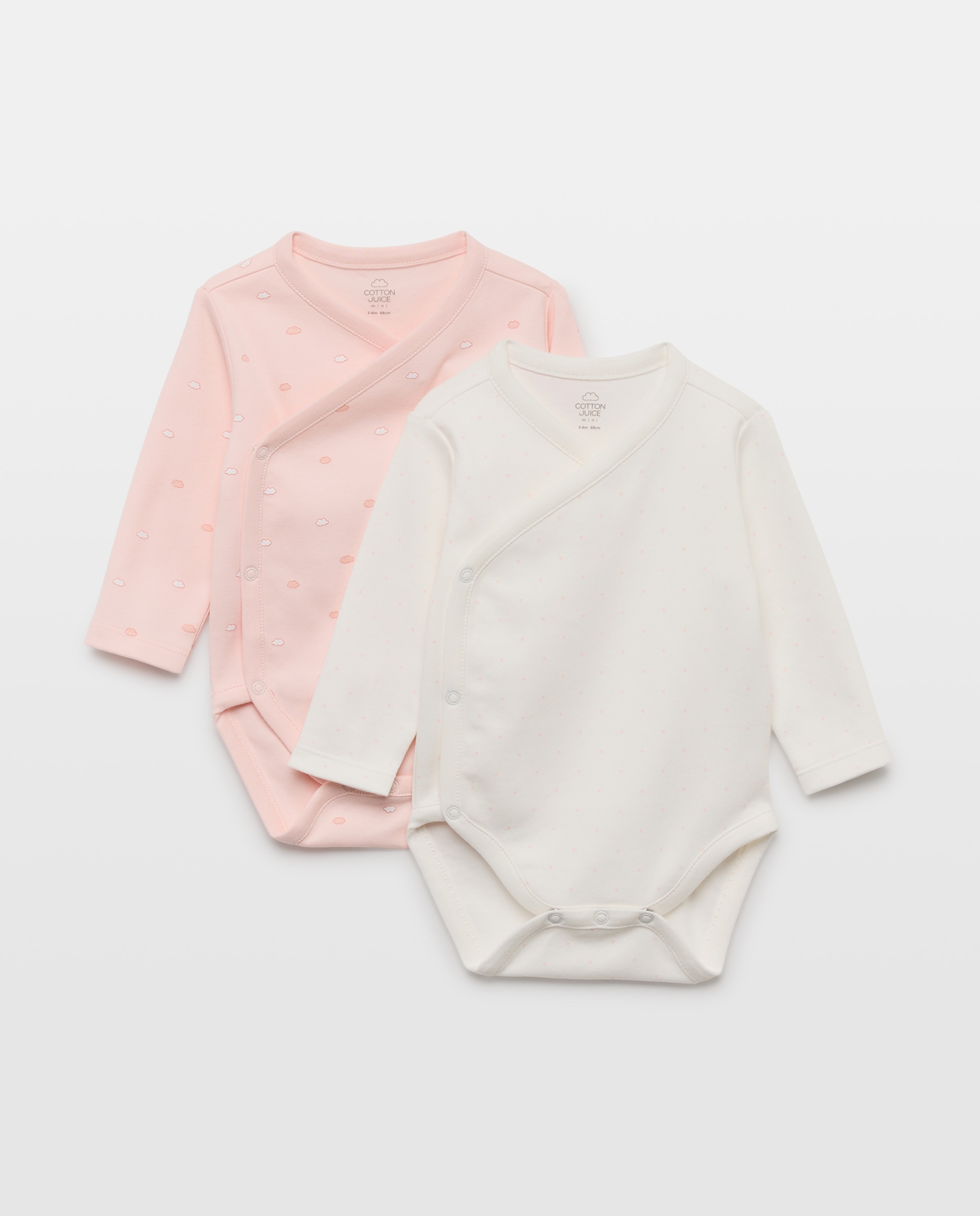 Pack de 2 bodies cruzados manga larga nubes y topitos de bebé - Cotton Juice - Rosa Rosa-1