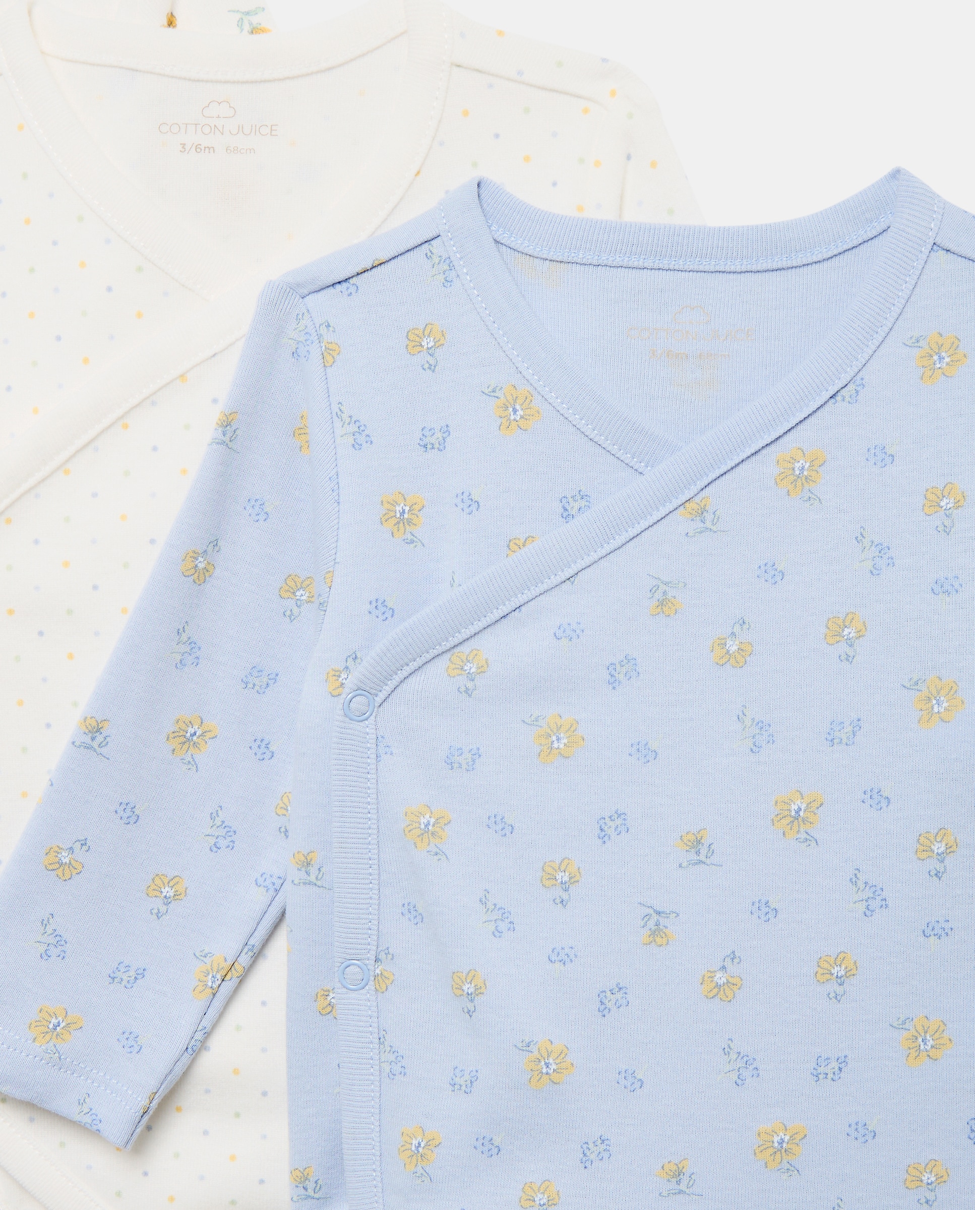 Pack de 3 bodies cruzados manga larga con flores y topos de bebé - Cotton Juice - Azul Azul-3