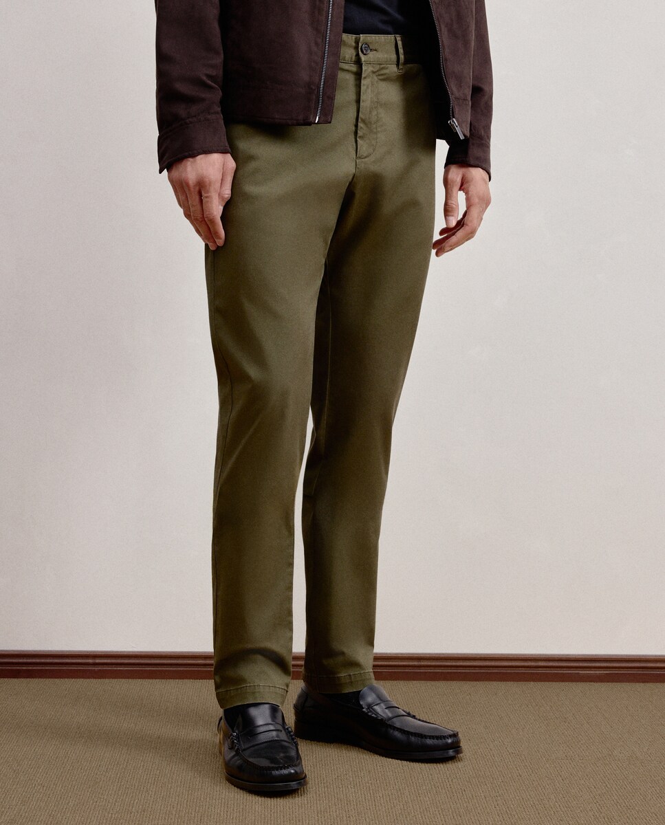 Calças Casual Slim de Algodão Elastómero Verde-2