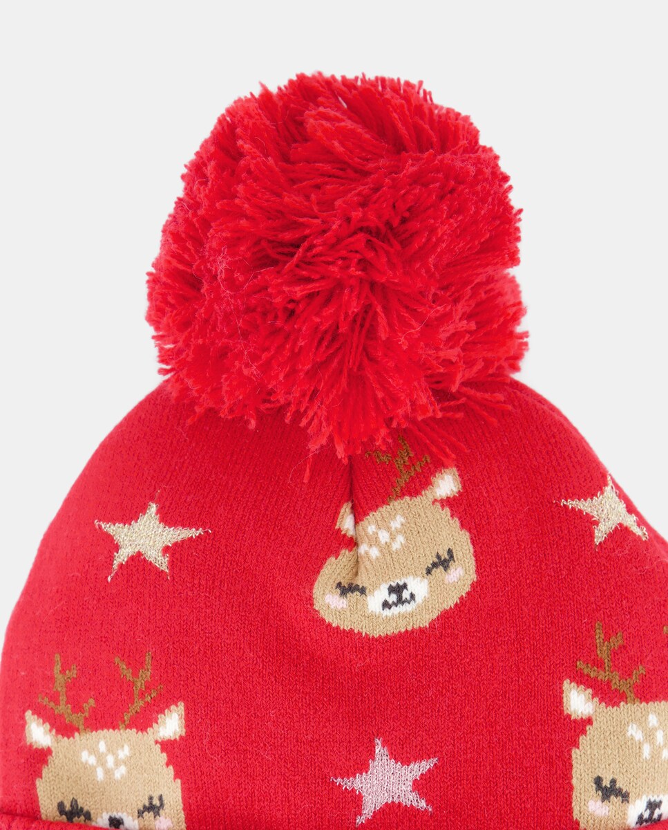 Gorro de Bebé com Jacquard de Renas e Estrelas 600 Vermelho-2