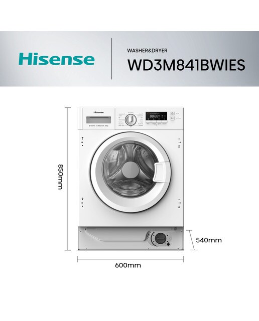 Imagen 2 de Lavadora secadora integrable Hisense 8 kg, 1.400 rpm - WD3M841BWIES - Blanco Blanco