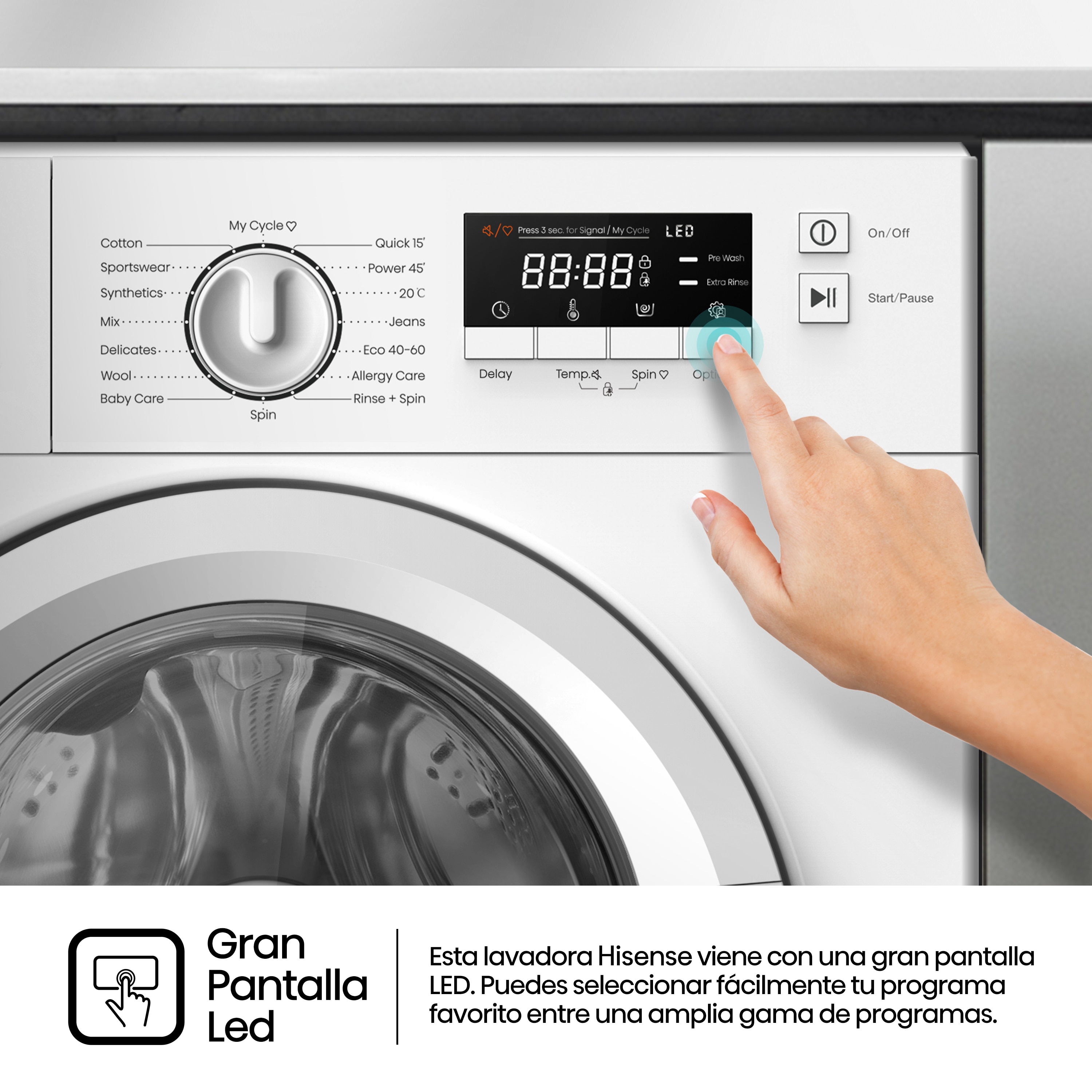 Lavadora integrable Hisense 8 kg / 1.400 rpm - WF3M841BWIES - Blanco Blanco-10
