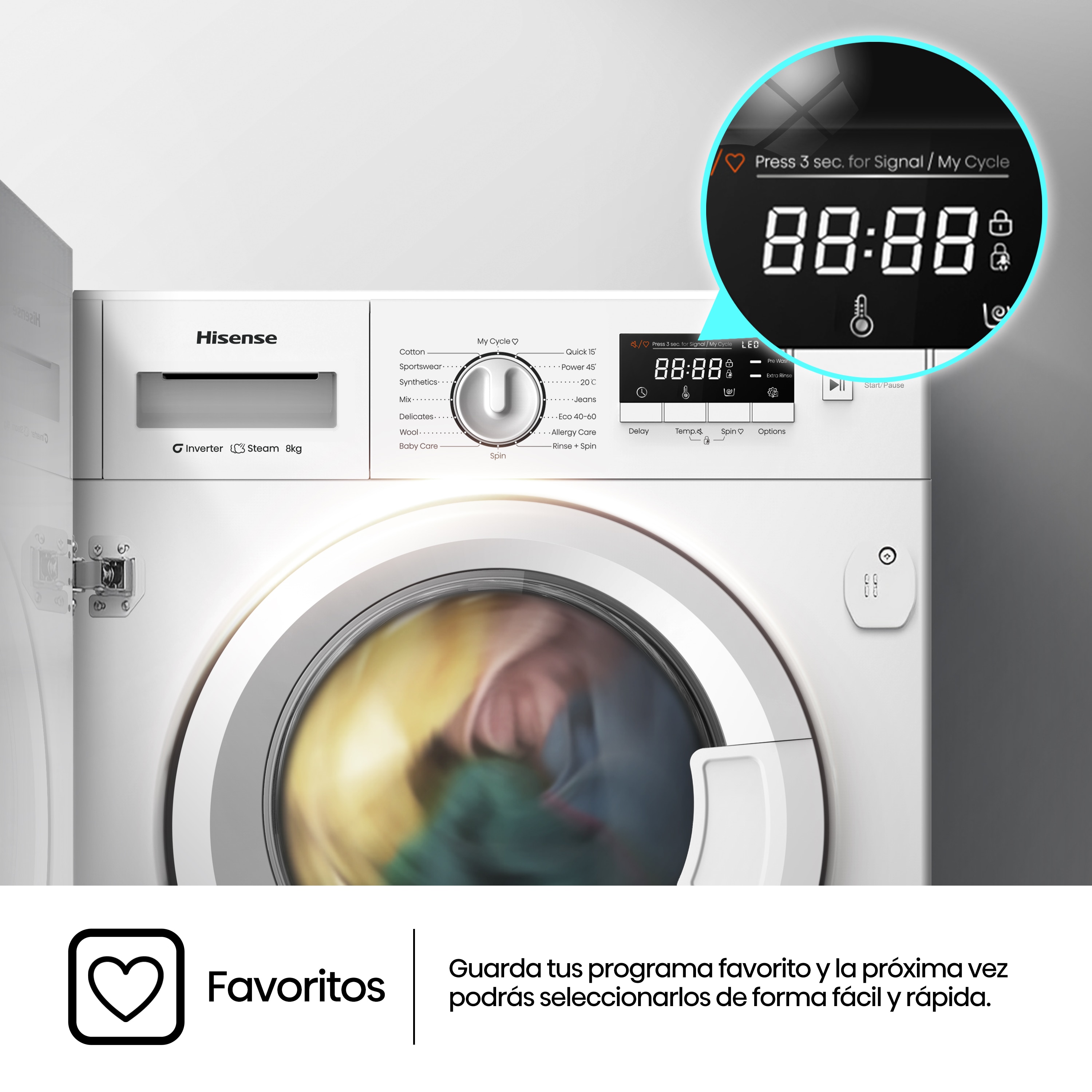 Lavadora integrable Hisense 8 kg / 1.400 rpm - WF3M841BWIES - Blanco Blanco-12