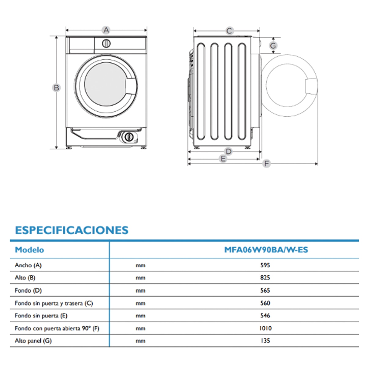 Máquina de Lavar Roupa Encastrável Midea MFA06W90BA/W-ES de 9 kg e 1400 rpm 2