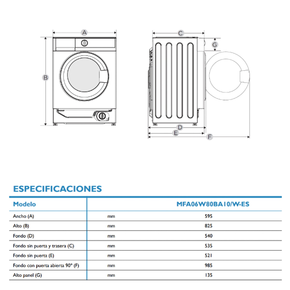 Máquina de Lavar Roupa Encastrável Midea MFA06W80BA10/W-ES Carga Frontal, de 8 kg e 1400 rpm 2