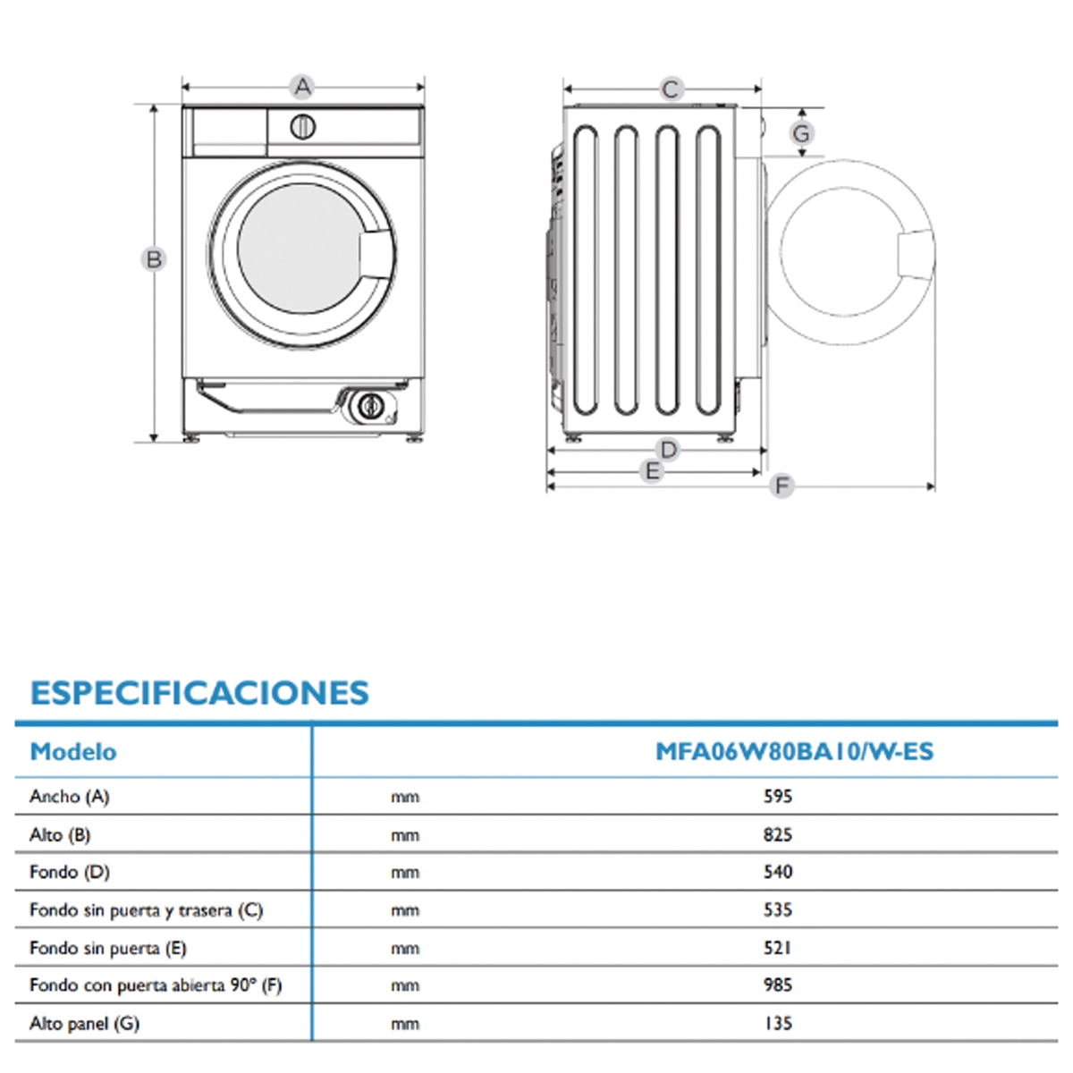 Máquina de Lavar e Secar Roupa Encastrável Midea MFA06D80BA10/W-ES Carga Frontal, de 8/6 Kg e de 1400 rpm 2