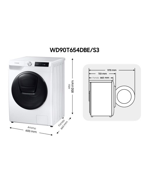 Lavadora Secadora Samsung 9kg/6kg Tecnología AddWash™ Clase E/B Blanca WD90T654DBE/S3 Blanco-2