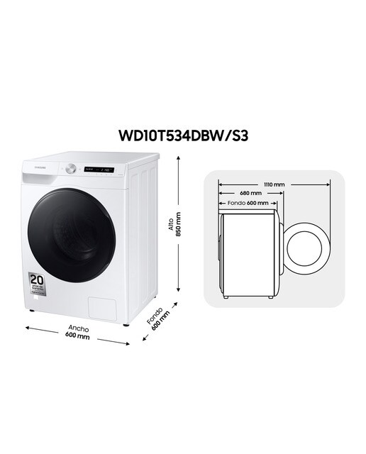 Imagen 2 de Lavadora Secadora Samsung 10,5kg/6kg con Autodosificación Clase E/A Blanca WD10T534DBW/S3 - Blanco Blanco