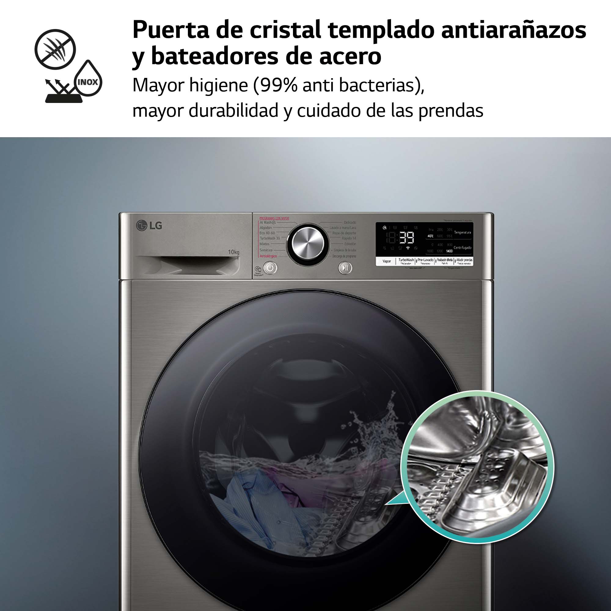 Lavadora LG 10 kg / 1400 rpm, inteligencia artifical, lavado por vapor - F4WR7010AGS Platinunm silver-12