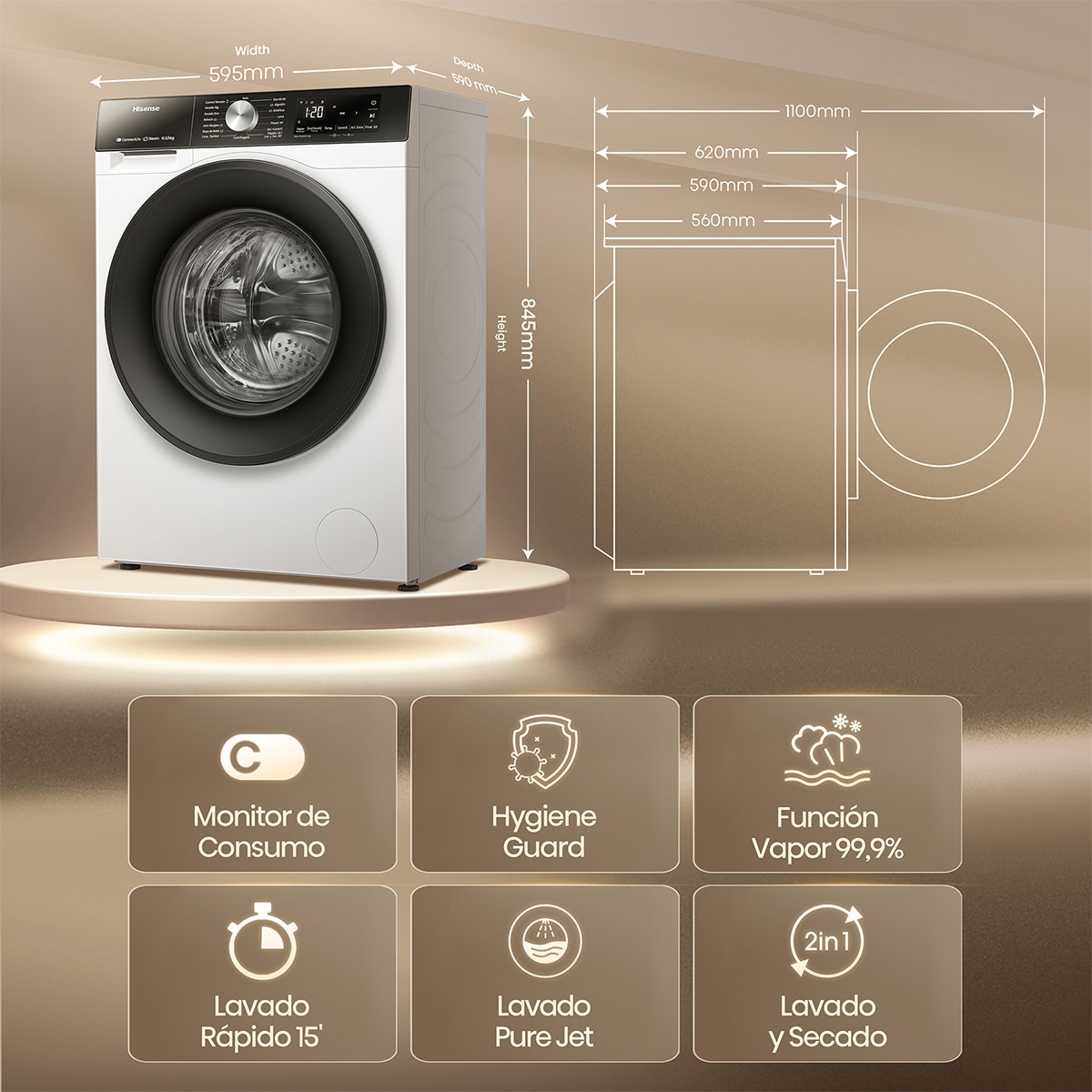 Imagen 2 de Lavadora secadora Hisense 10,5 kg / 1.400 rpm, WIFI Serie 3S- WD3S1043BW3 - Blanco Blanco
