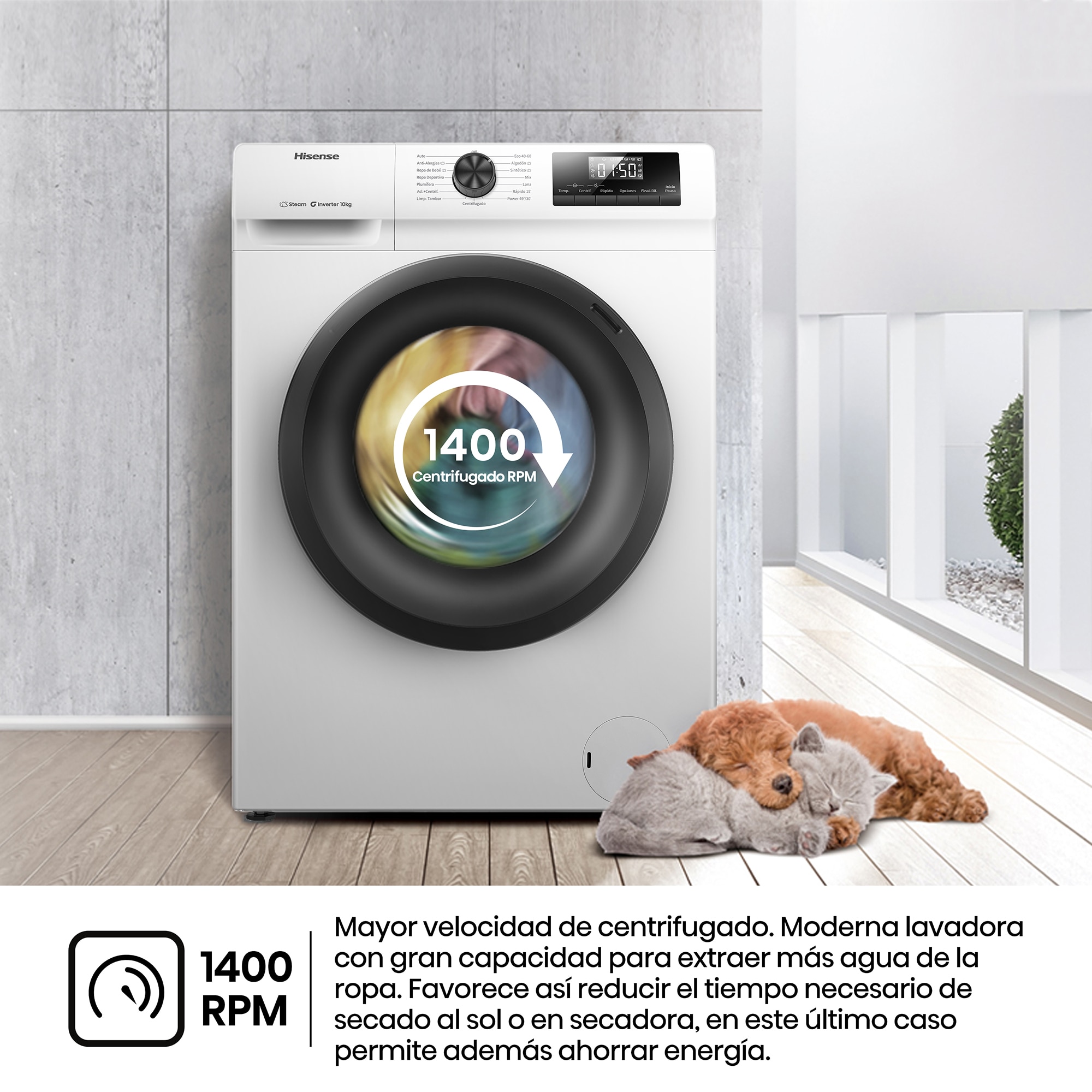 Lavadora Hisense 10 Kg / 1.400 rpm, Vapor Serie 1Q - WF1Q1041BW Blanco-10