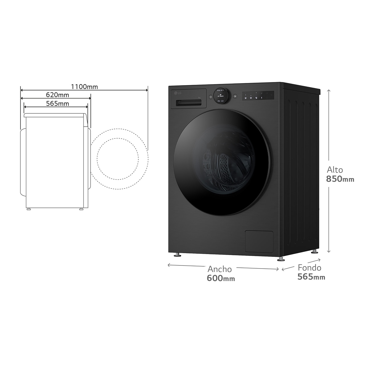 Lavadora LG, Inteligente, AI Direct Drive, TurboWash 360º, 9kg / 1.400rpm, Serie 700 - F4X7009TBB Negro mate-3