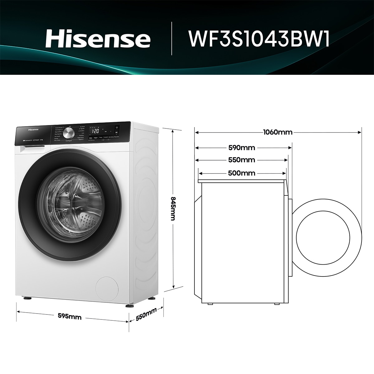 Lavadora Hisense 10 Kg/1.400 rpm, Función Vapor - WF3S1043BW1 Blanco-2