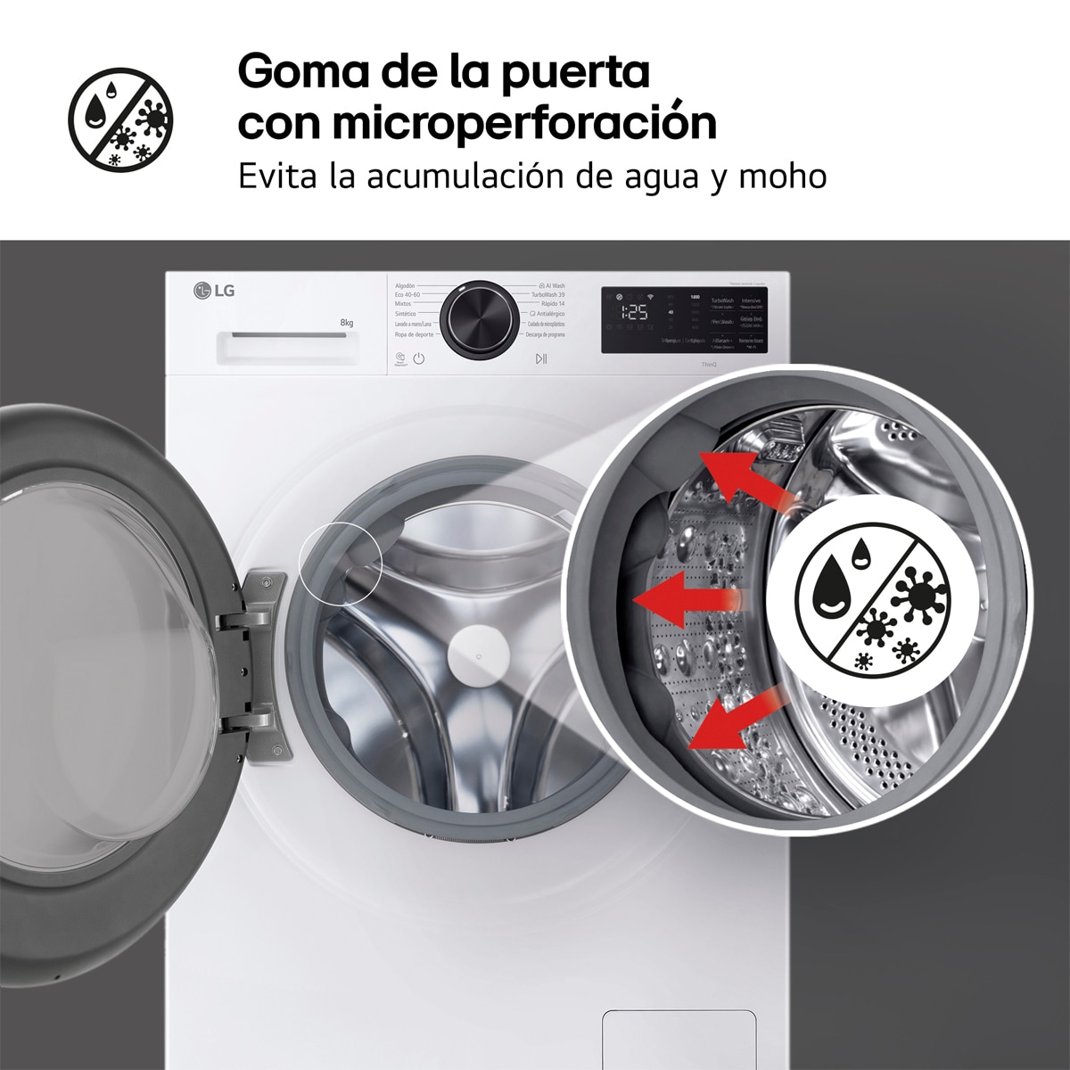 Lavadora Inteligente LG, AI Direct Drive, TurboWash 360º, 8kg / 1200rpm, Serie 500 - F2X50S8TLB Blanco-11