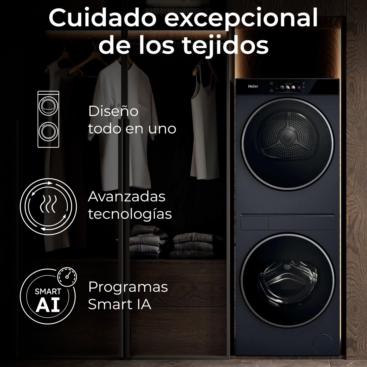 Torre de lavado y secado Haier 10kg/8kg 1400 rpm con IA, Motor Direct Motion y Bomba de Calor, Couture Care - CLC108-GNU1-S Antracita-5