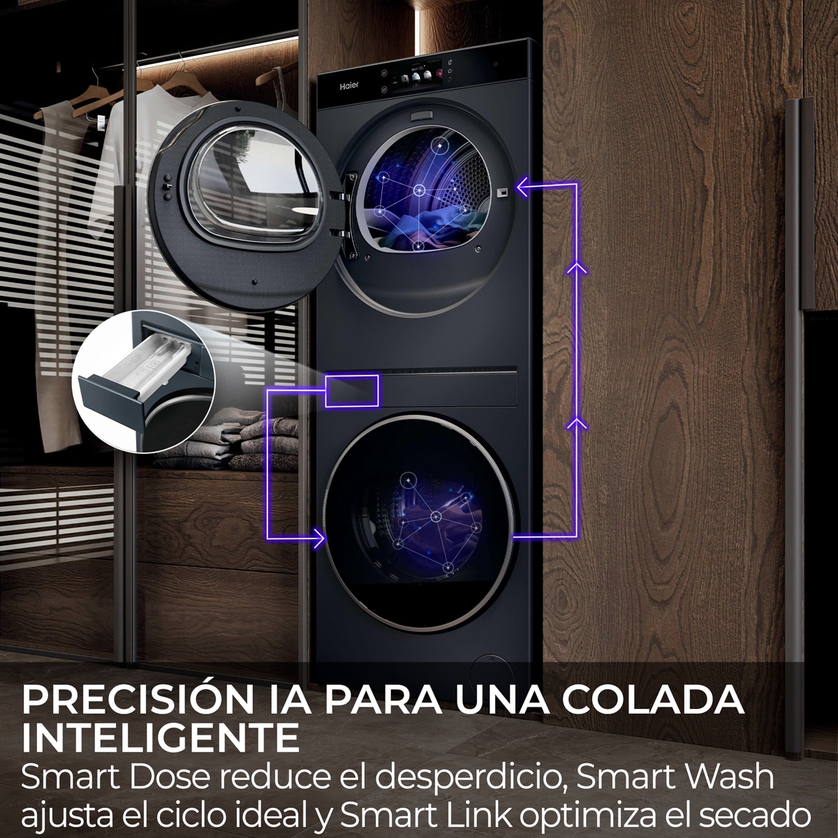 Torre de lavado y secado Haier 10kg/8kg 1400 rpm con IA, Motor Direct Motion y Bomba de Calor, Couture Care - CLC108-GNU1-S Antracita-9