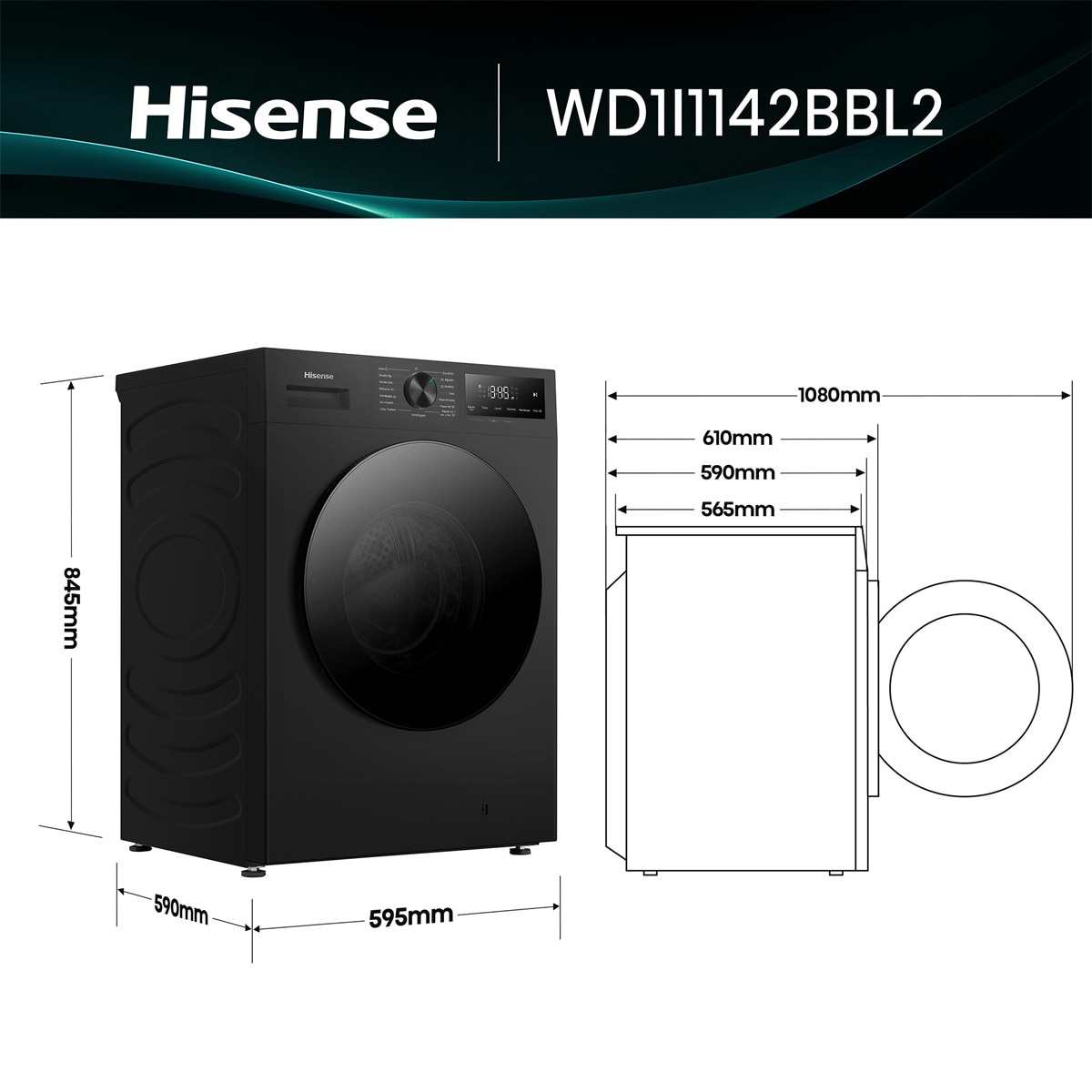 Lavadora secadora Hisense, 11 kg/1400 rpm con tecnología Inverter - WD1I1142BBL2 Negro-2