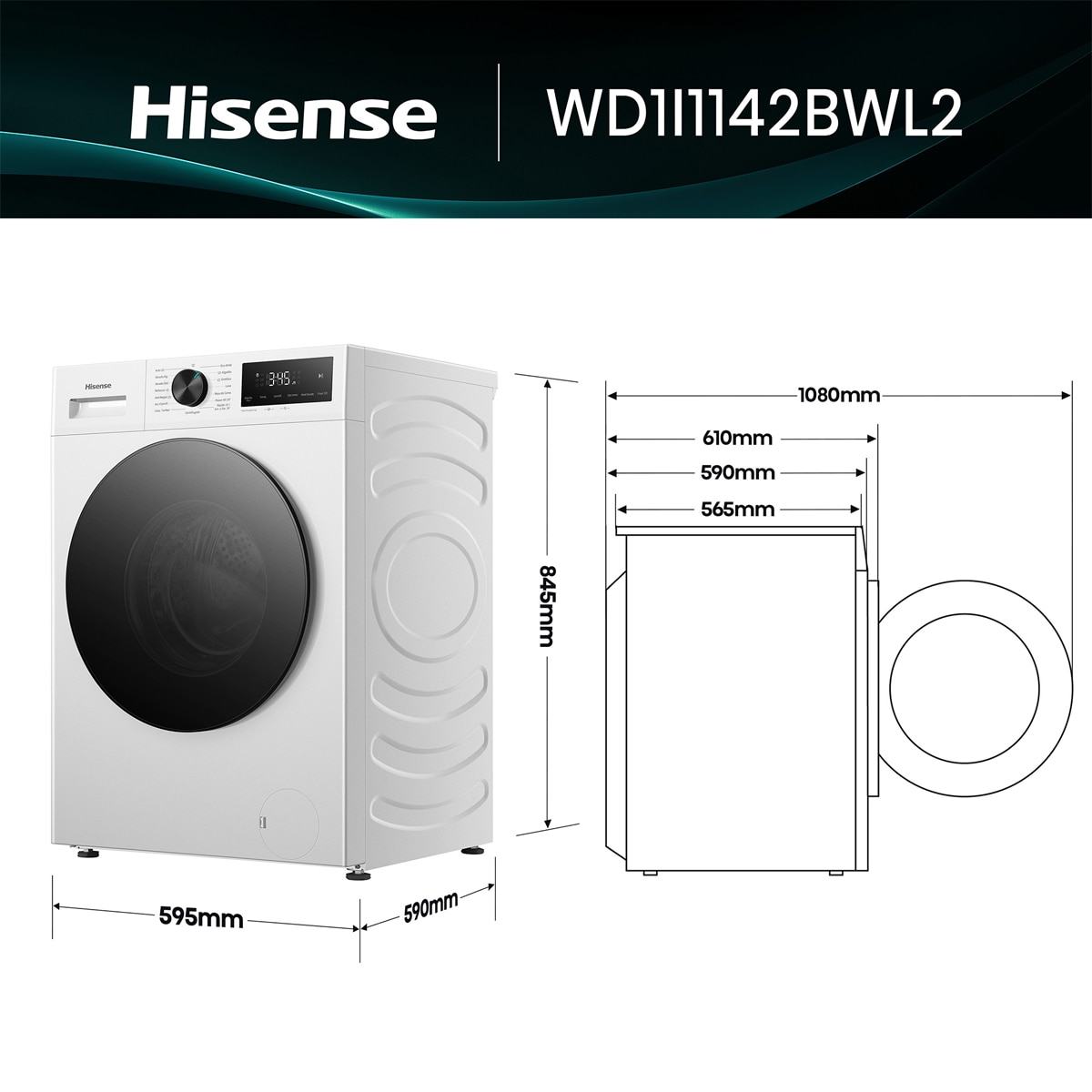 Lavadora secadora Hisense, 11 kg/1400 rpm con tecnología Inverter - WD1I1142BWL2 Blanco-2